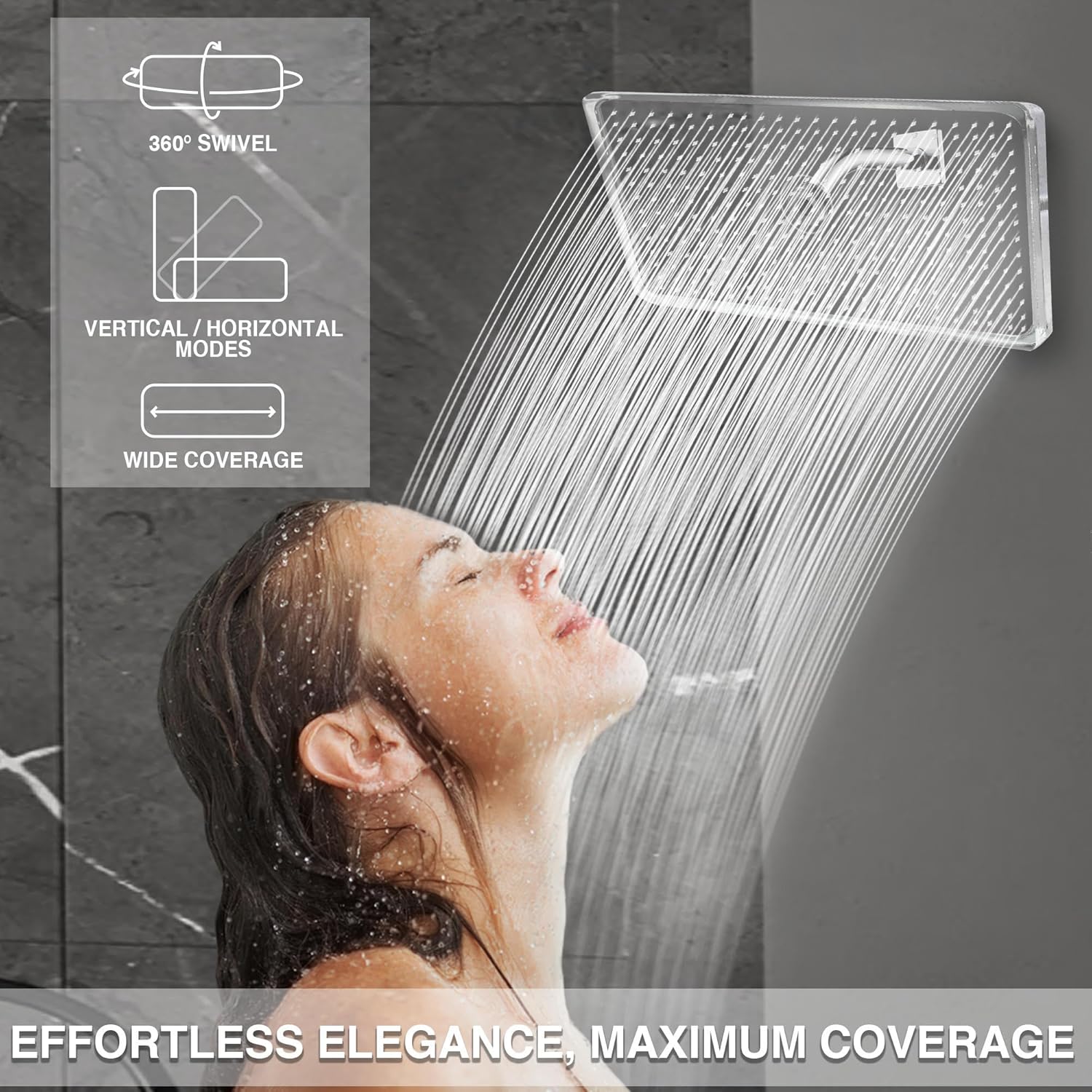 Luxury Extra Large Rain Shower Head 18 Inch - Big Rectangle Overhead Clear Plastic High Pressure Rainfall Shower Head - Adjustable & Removable Flat Acrylic High Flow Waterfall Head - Easy to Install