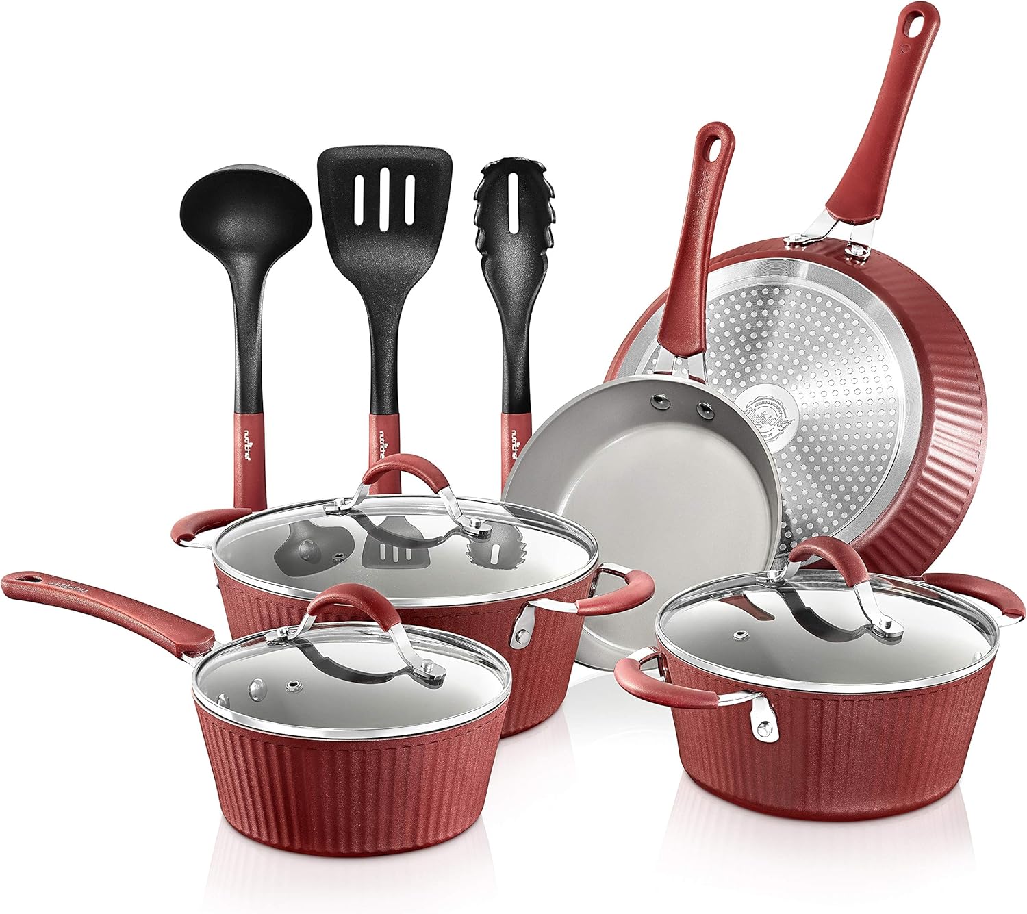 NutriChef 11-Piece Nonstick Kitchen Cookware Set - PTFE/PFOA/PFOS-Free Heat Resistant Kitchen Ware Pots Pan Set Coffee Ceramic Coating - Saucepot, Pans, Cooking Pot Oven Pot, Lid, Utensil NCCW11COF