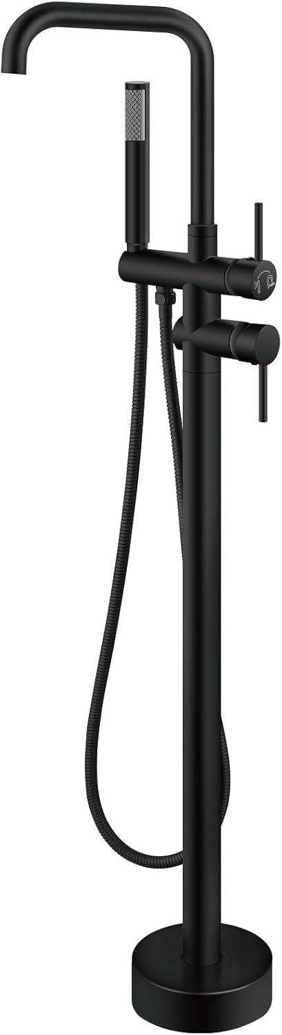Aolemi Floor Mount Tub Faucet Freestanding Bathtub Filler Standing High Flow Shower Faucets Shower Mixer Taps Swivel Right Angle Spout with Cylinder Handheld Matte Black