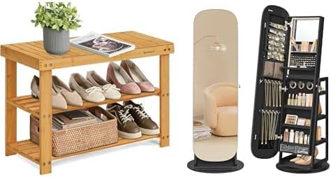 SONGMICS Shoe Rack Bench, Jewelry Storage Cabinet with Rounded Wide Full-Length Mirror, ULBS04N and UJJC036B01