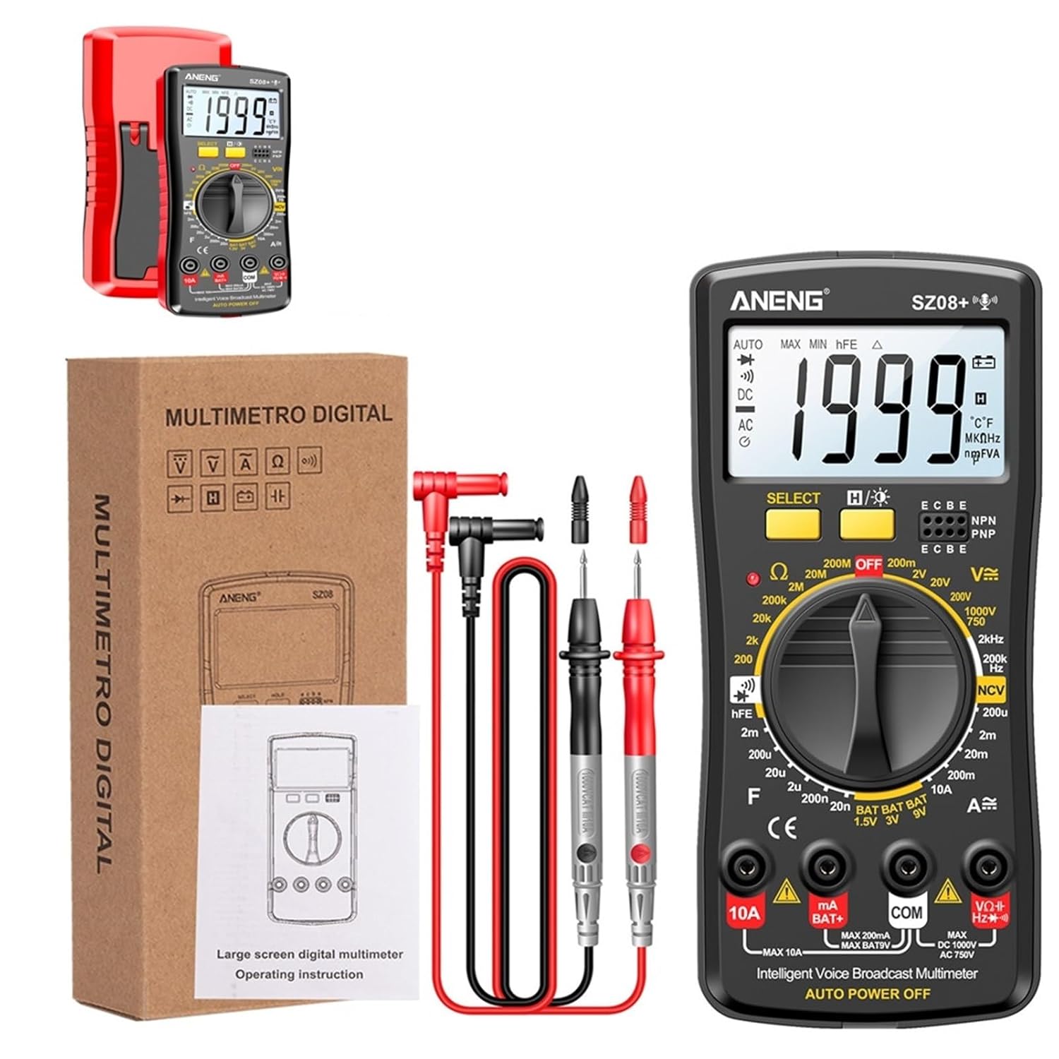 SZ08+ Intelligent Broadcasting Multimeter AC/DC Current Meter Hz hEF Capacitance Meter Professional Electrician Tool(Orange)