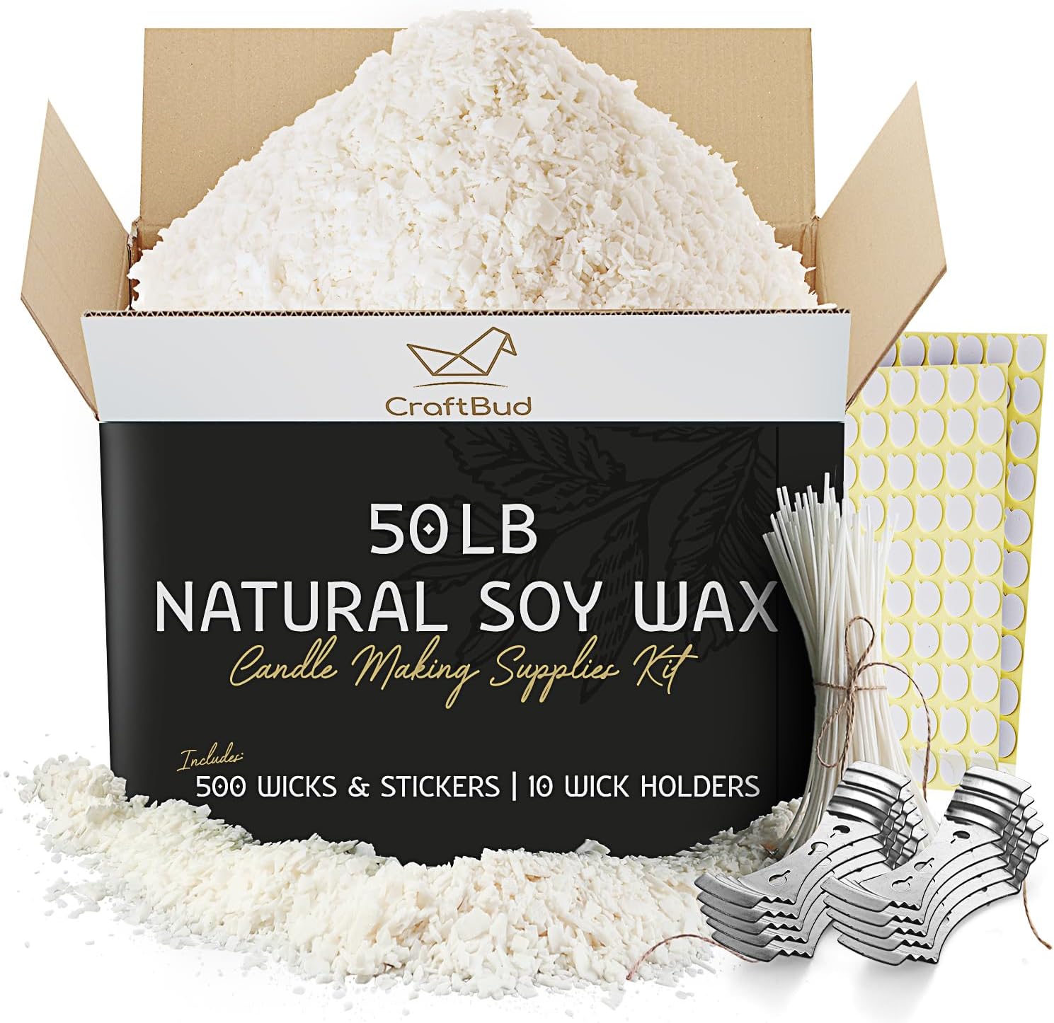 CraftBud Soy Candle Wax for Candle Making – Natural Soy Wax for Candle Making 50 lb Bag, Candle Making Wax, 50 Lbs. Soy Wax Flakes, 500 Candle Wicks, 500 Wick Stickers, and 10 Metal Centering Devices