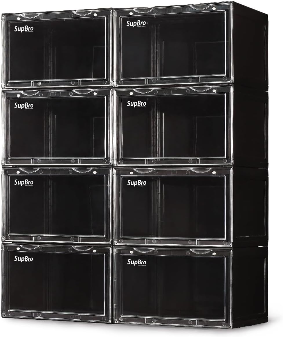 SupBro Collection Crate - Easy Access Storage Shoes Box -Plastic Foldable Stackable Sneaker Display Storage with Clear Side Open Door Organizer-8 Pack(White)