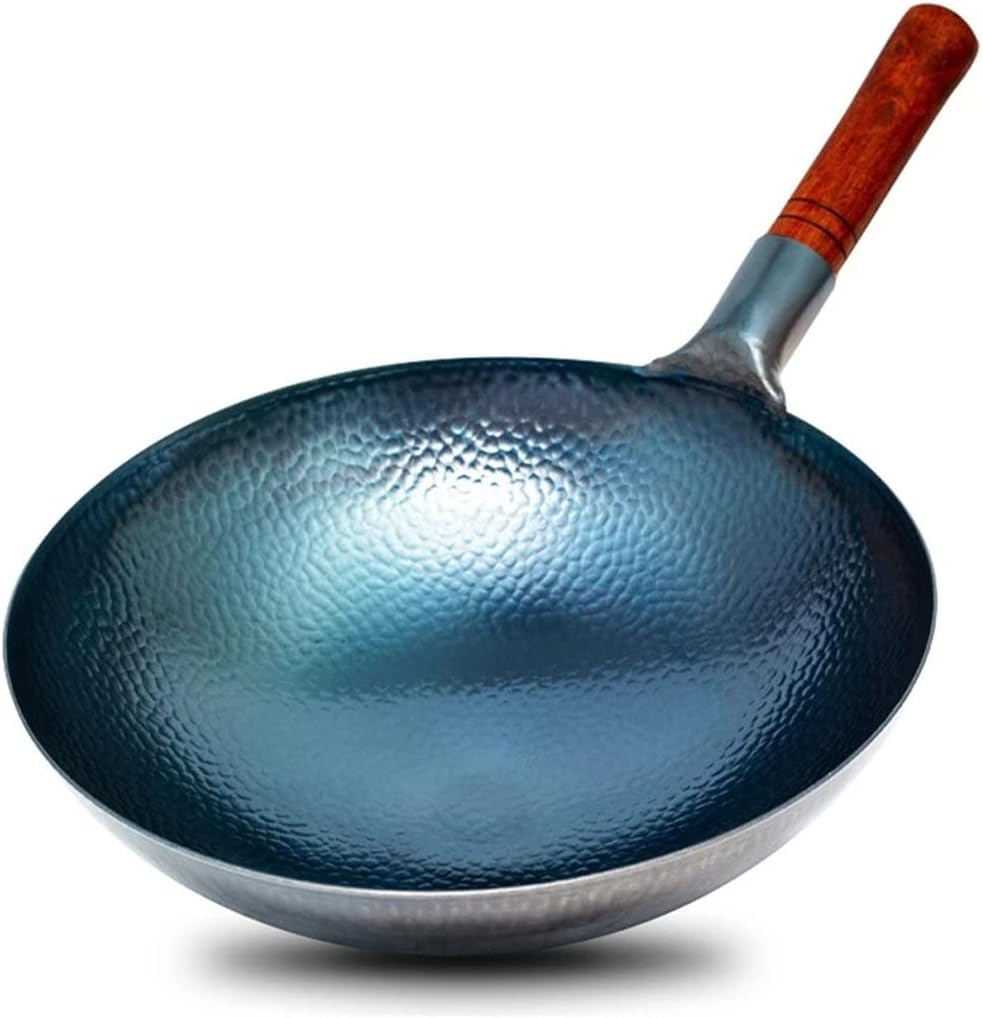 Traditional Chinese wok, Cast Iron Cookware Carbon Steel Round Bottom Wok,Beech Wood Anti-scald Handle, for Kitchen Gas Stove