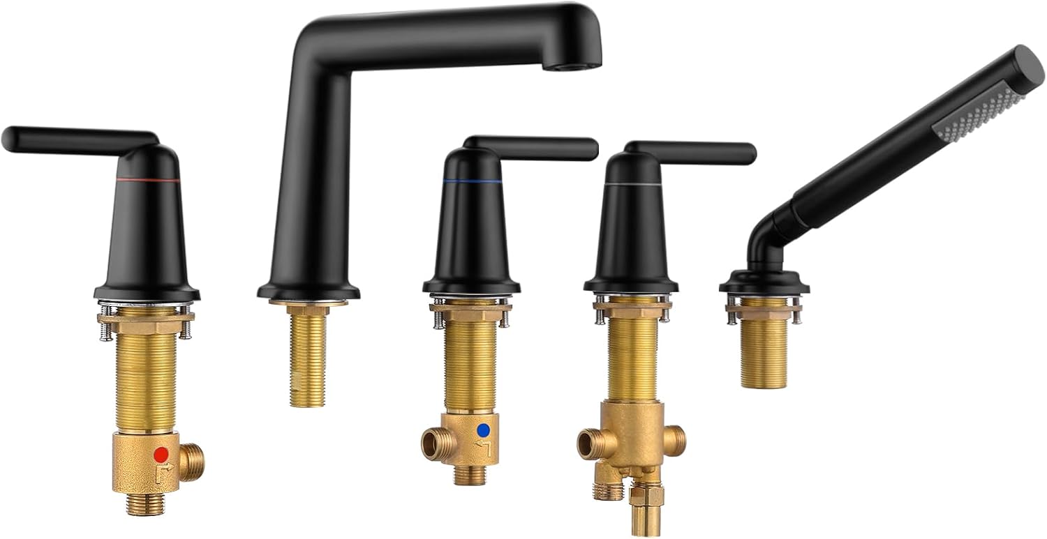 Roman Bathtub Faucet with Sprayer, Tub Faucet Set with 71 Inch Hand Shower,5 Hole Deck Mount Solid Brass Widespread 3 Handle Bath Tub Faucet Set Tub Filler - Matte Black