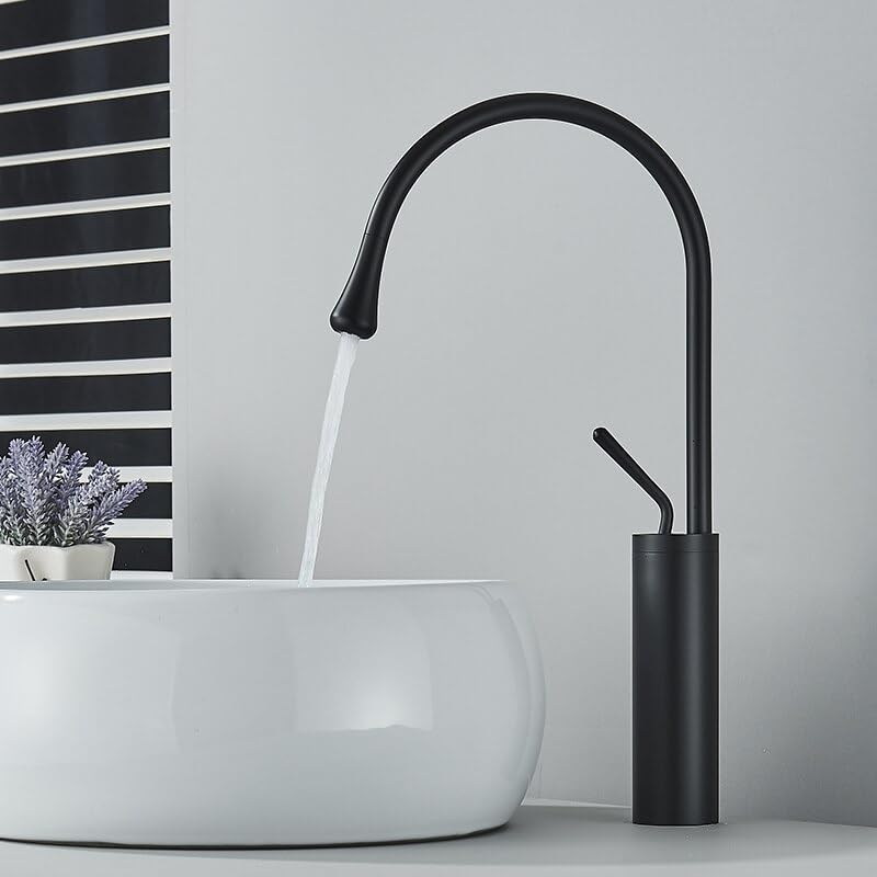 Brushed Gold Modern Basin Faucet Black Silver Faucet Deck Mounted 360 Rotation Basin Sink Tap Mixer Hot and Cold Brass Tap(Black Tall)