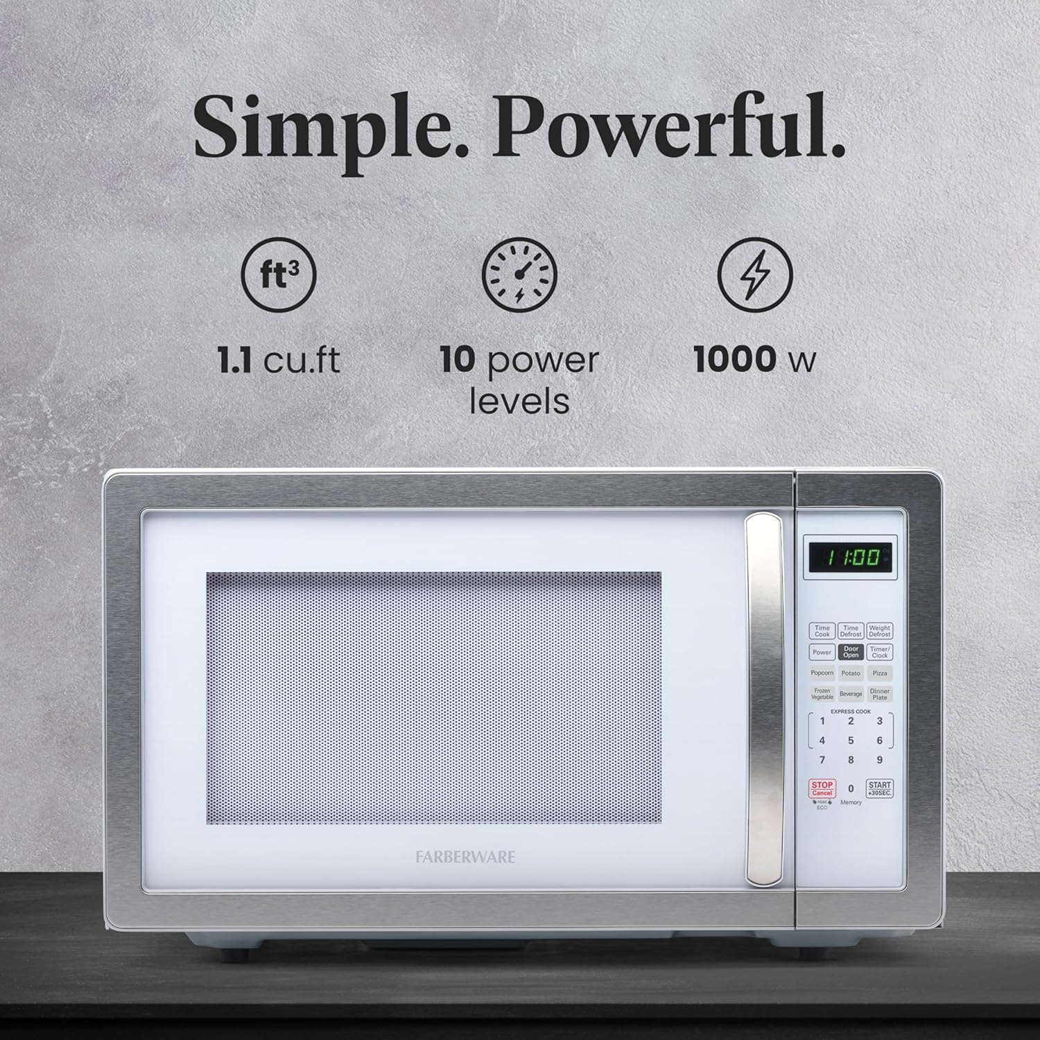 Farberware 1.1 Cu. Ft. Countertop Microwave Oven, White Platinum