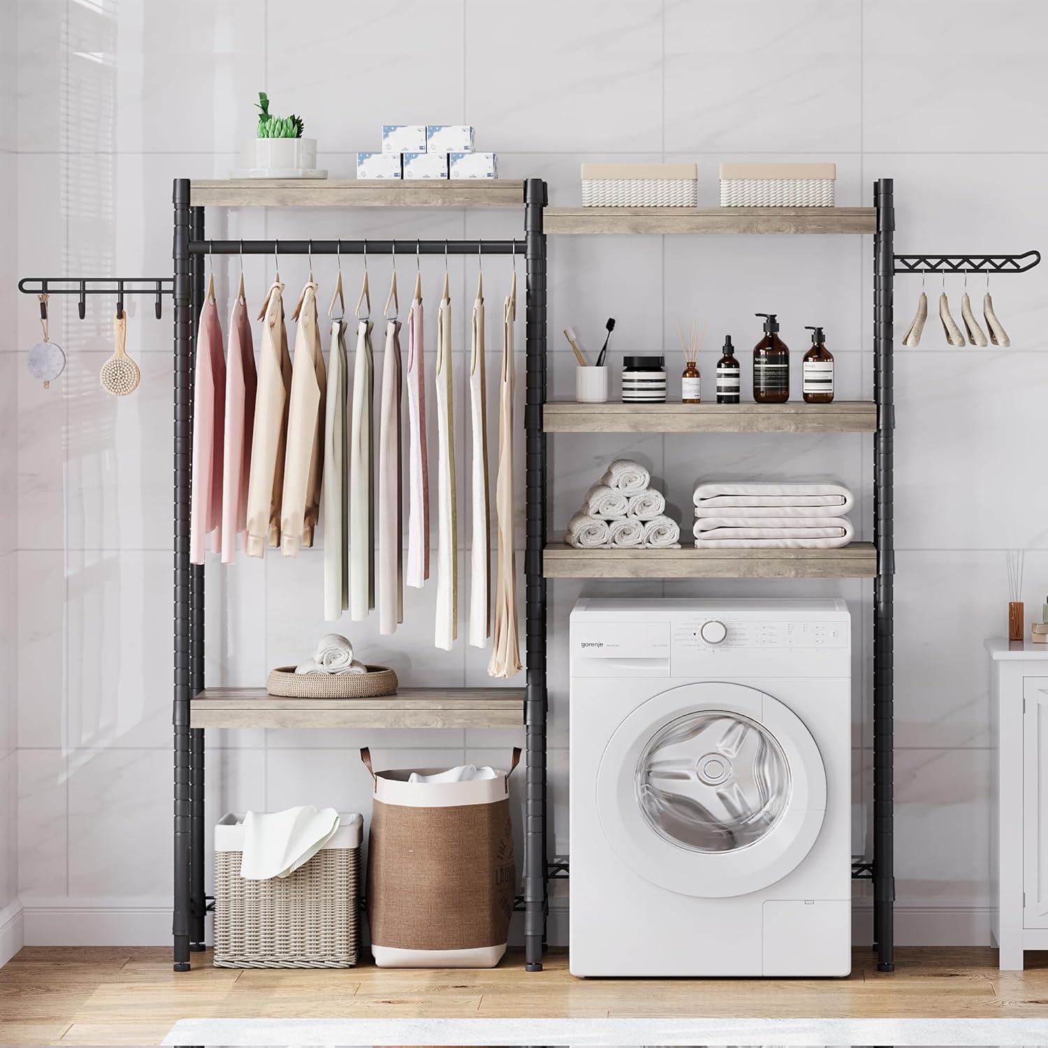 Clothes Drying Rack, Over The Washer and Dryer Storage Shelf, 5-Tier Laundry Room Storage Shelf, Bathroom Towel Rack with Adjustable Shelves and Hooks for Home Decor