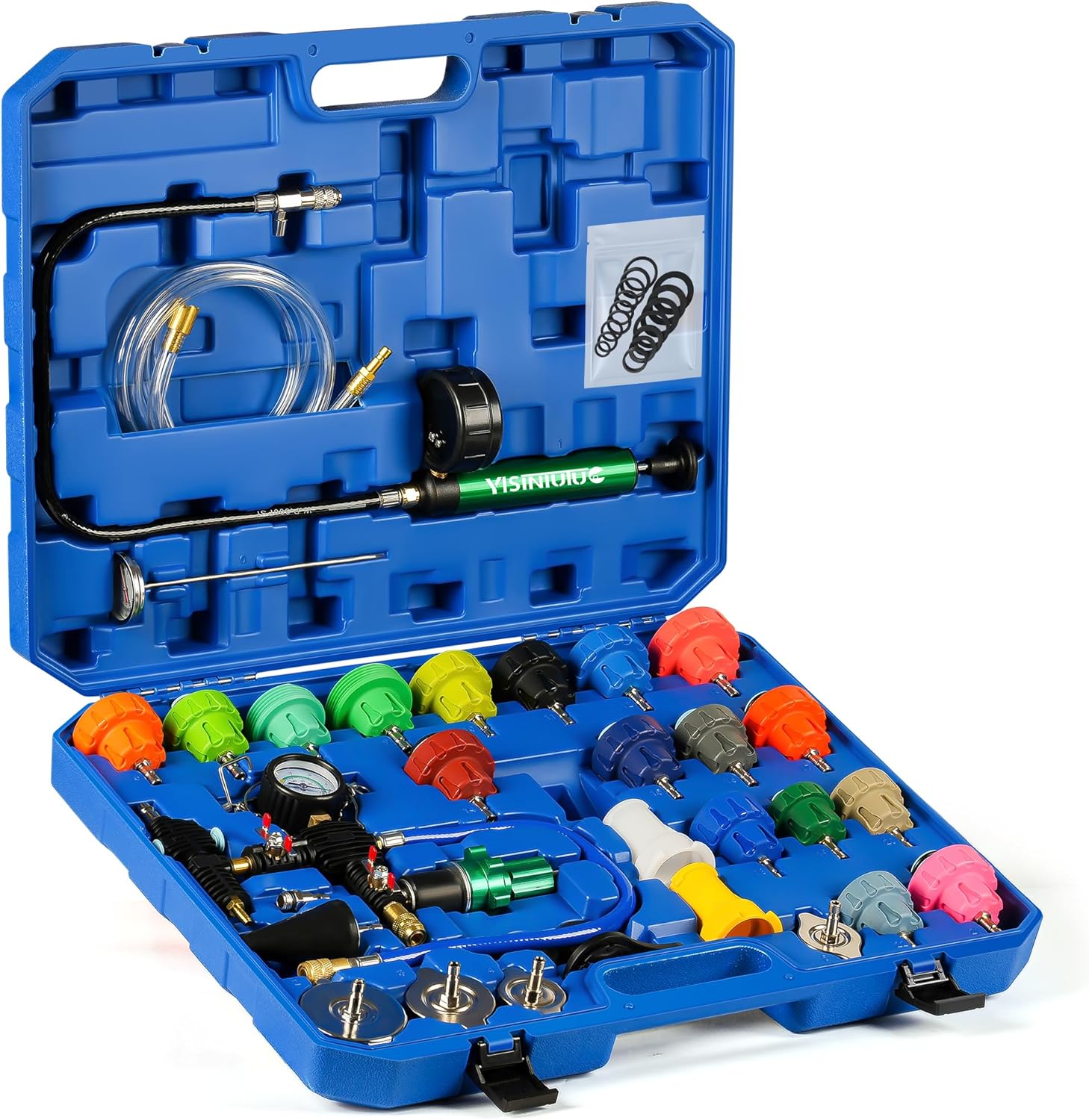 Universal 34PC Radiator Pressure Tester Kit,Coolant Pressure Tester Vacuum Refill Kit for Automotive Cooling System Water Tank Leakage Detection Coolant Pressure Tester with Vacuum Pump Vacuum Purge