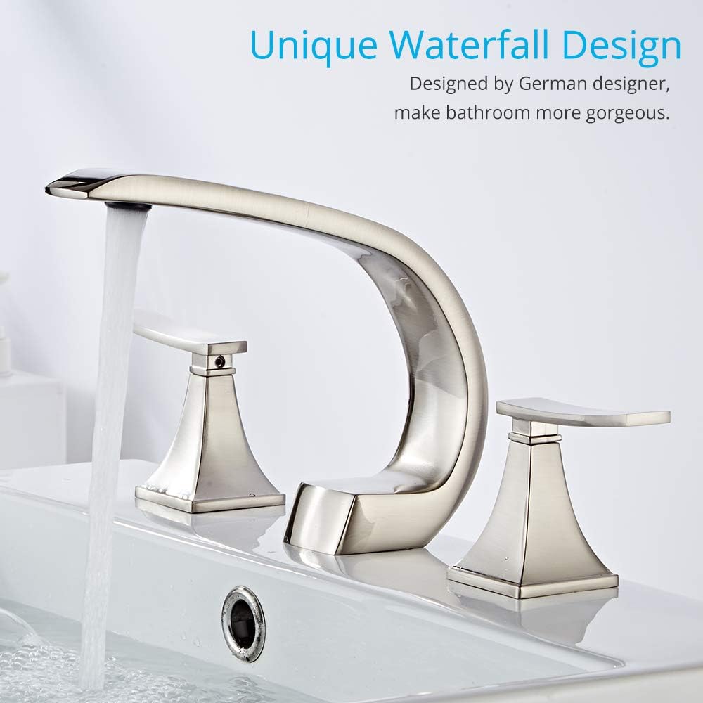Wovier Brushed Nickel Widespread Bathroom Sink Faucet,Two Handle Three Hole Brass Lavatory Vanity Faucet,8-16 Inch Basin Mixer Tap with Pop Up Drain Assembly