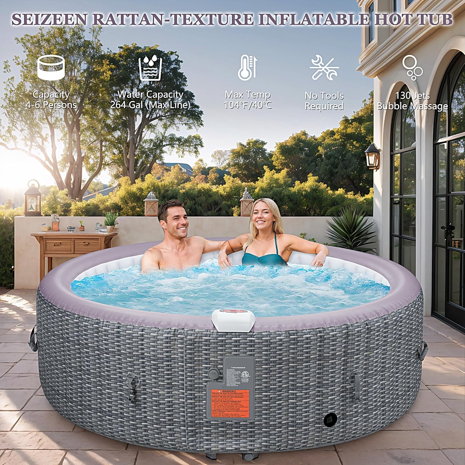 Seizeen 4-6 Person Inflatable Hot Tub, Portable Outdoor Spa Square Hot Tub with 130 Soothing Bubble Jets, Insulated Cover and 6 Filters, Max 104℉ Blow Up Hot Tubs for Home Backyard (Wood Grain)