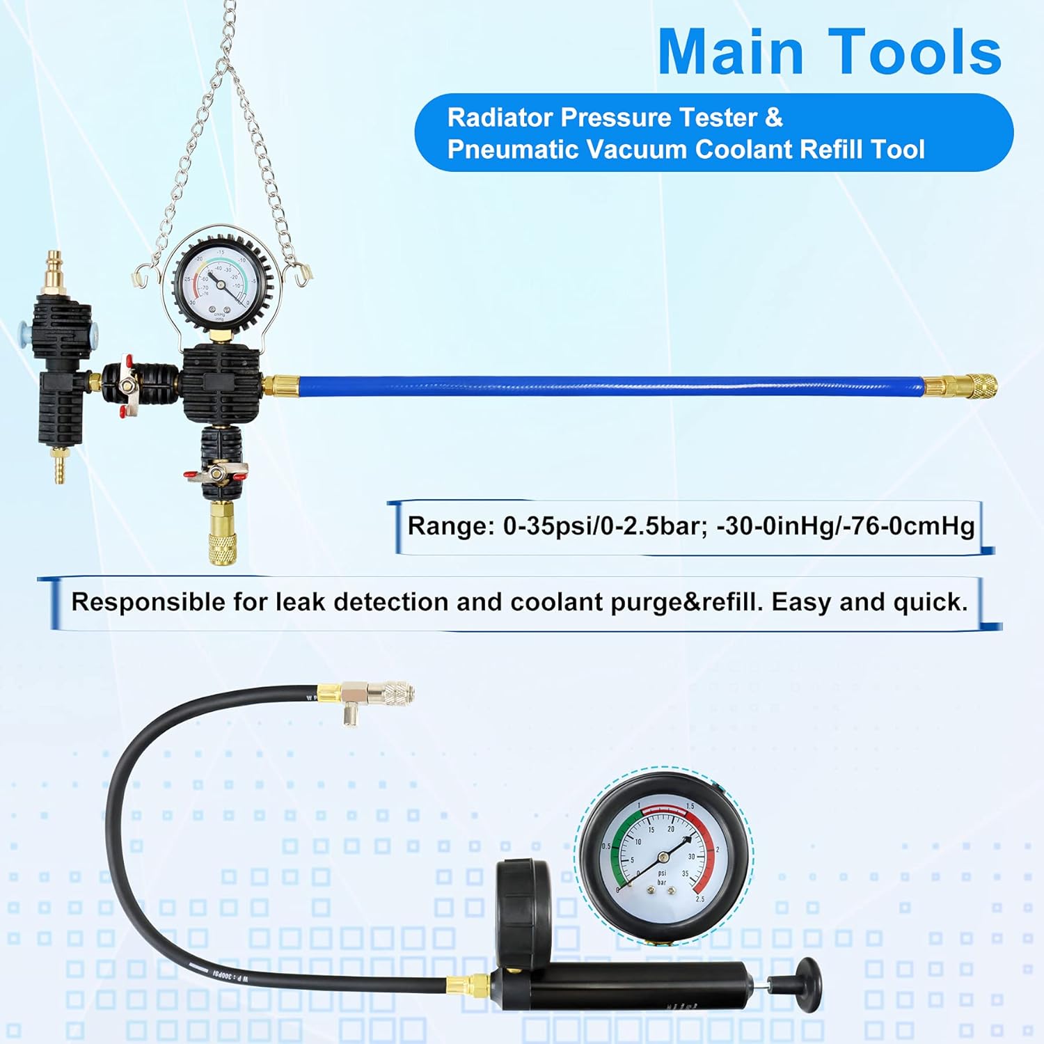 JoyFans Radiator Pressure Tester and Cooling System Pneumatic Vacuum Coolant Refill Tool 33Pcs Automotive Kit with Pressure Gauge, Radiator Adapters for Most Cars, Trucks, Airlift Blue