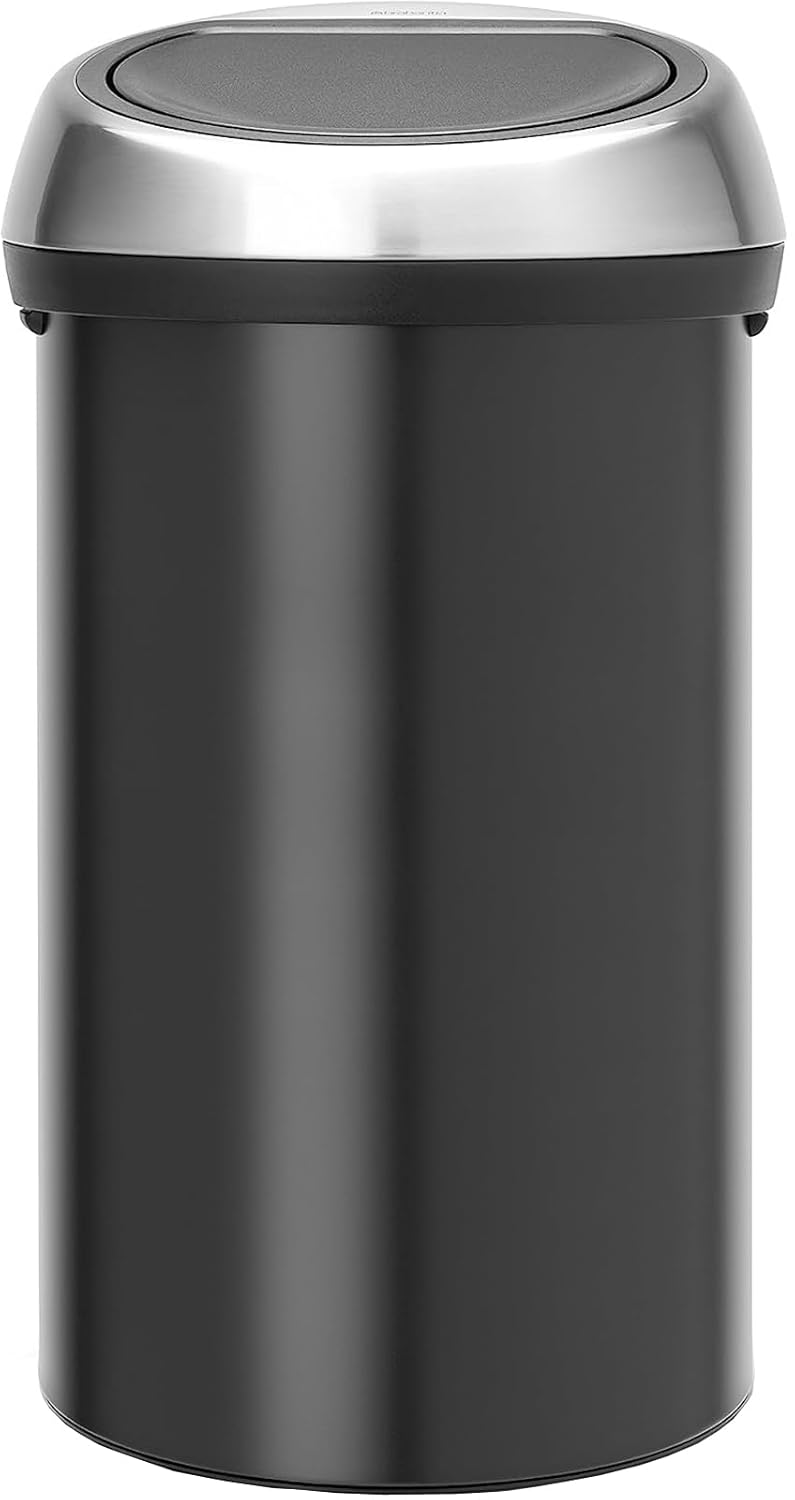 Brabantia 16 Gallon Large Kitchen Touch Bin (Matt Black/Brilliant Steel Lid) Removable Lid, Soft-Touch Open, Easy Clean Rubbish Food Waste Bin