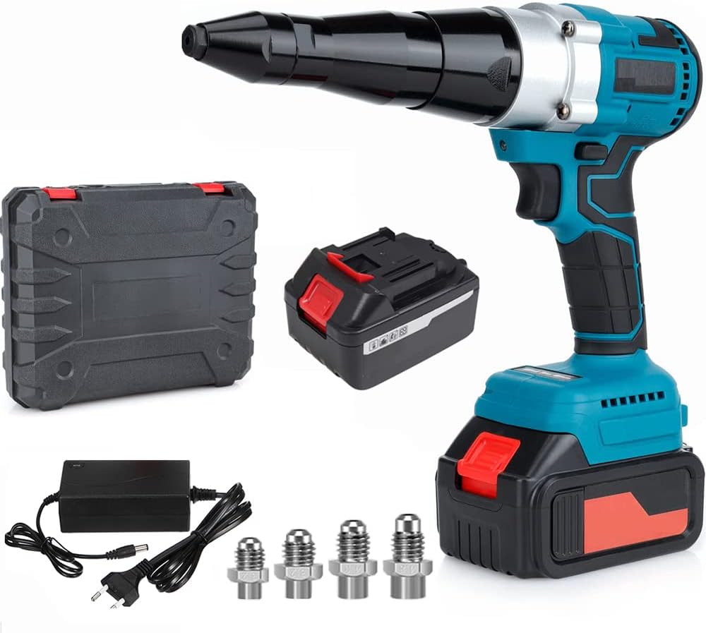 Cordless Rivet Gun,Automatic Brushless Riveter Tool Kit for Rivets 2.4/3.2/4.0/4.8 mm,Portable 21V Lithium-ion Electric with 2 3.0Ah Battery for Stainless Steel, Aluminum Rivets (2 Batteries)