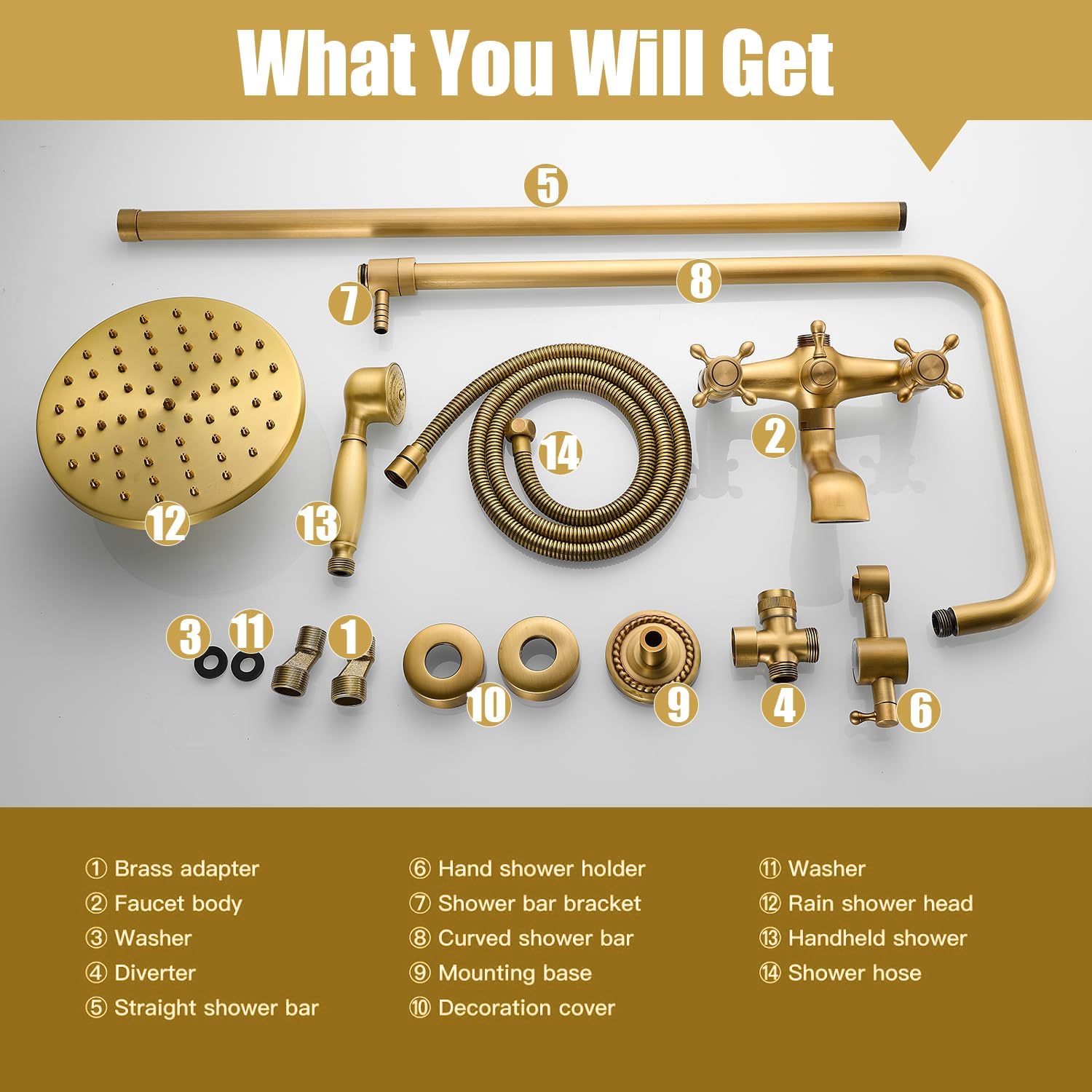 Antique Brass Shower System with 8-inch Rain Showerhead, Handheld Spray, Dual Cross Handles (Matte Black)
