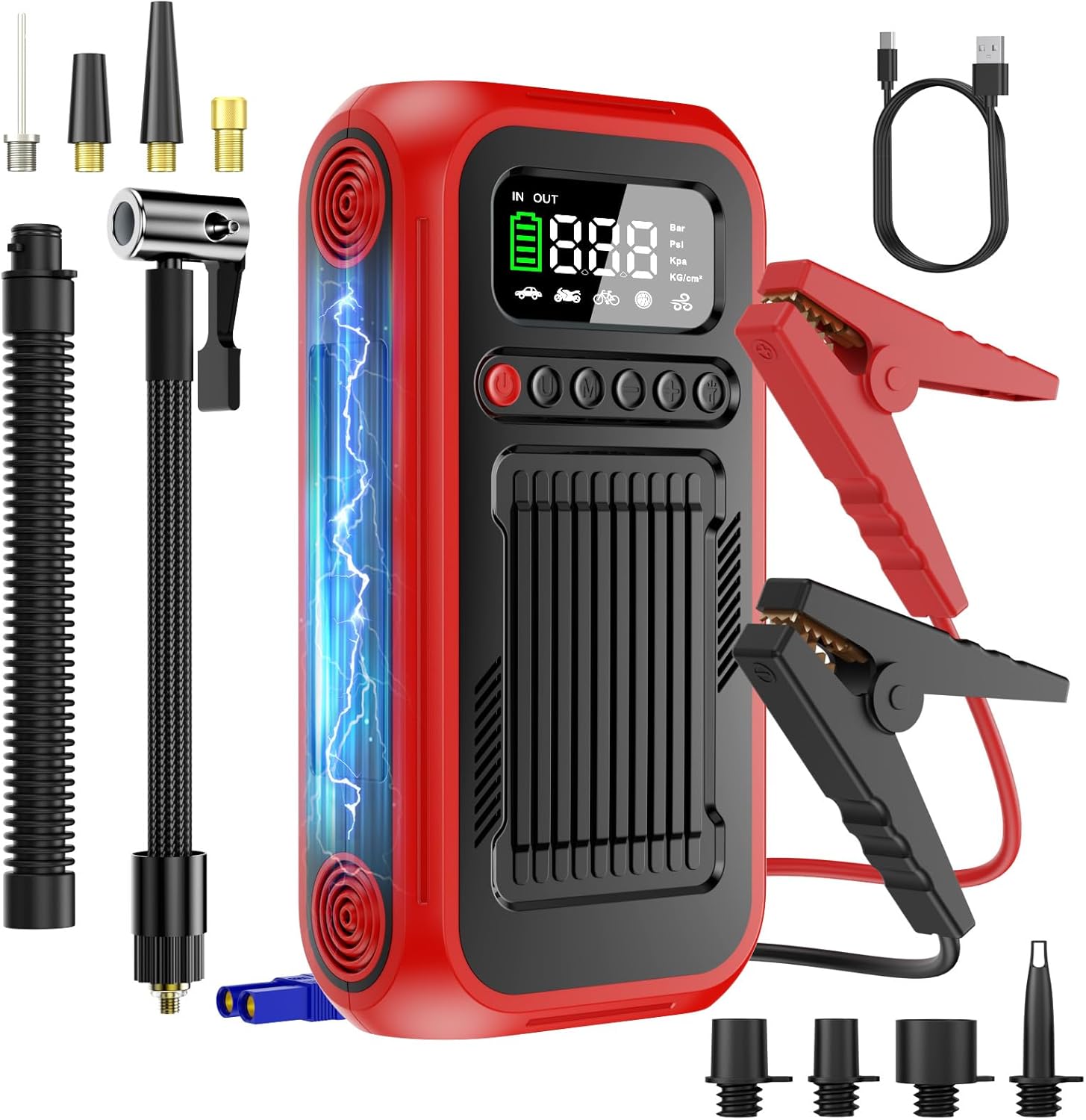 4500A Tire Inflator Portable Air Compressor, 150 PSI 12V Starter, Portable with Jumper Cables, LED Light, LCD Display, Suitable for Cars, Motorcycles, Bicycles, Sports Balls, and More