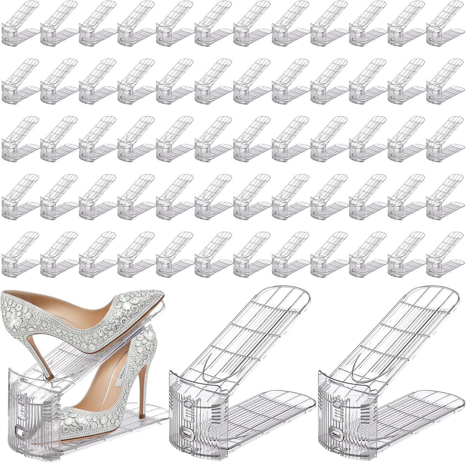 Clear Shoe Slots Organizer with Adjustable Height, Acrylic Closet Stacker Display, Storage Shoe Rack Organizer, Double Layer Holders for Shelf Wardrobe Space Saving(Clear,60 Pack)