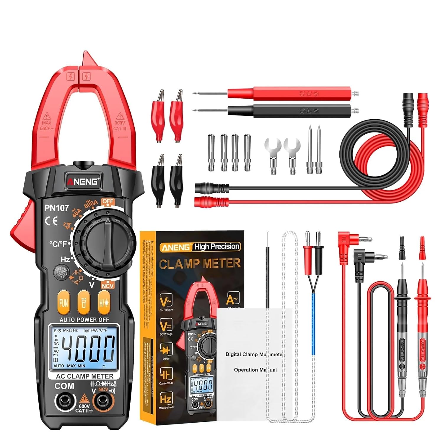 PN107 Digital Clamp Meter AC/DC Voltage Temperature Test Multitester True RMS 4000 Count Electrical Multimeter Tester Tool(Red Pro)