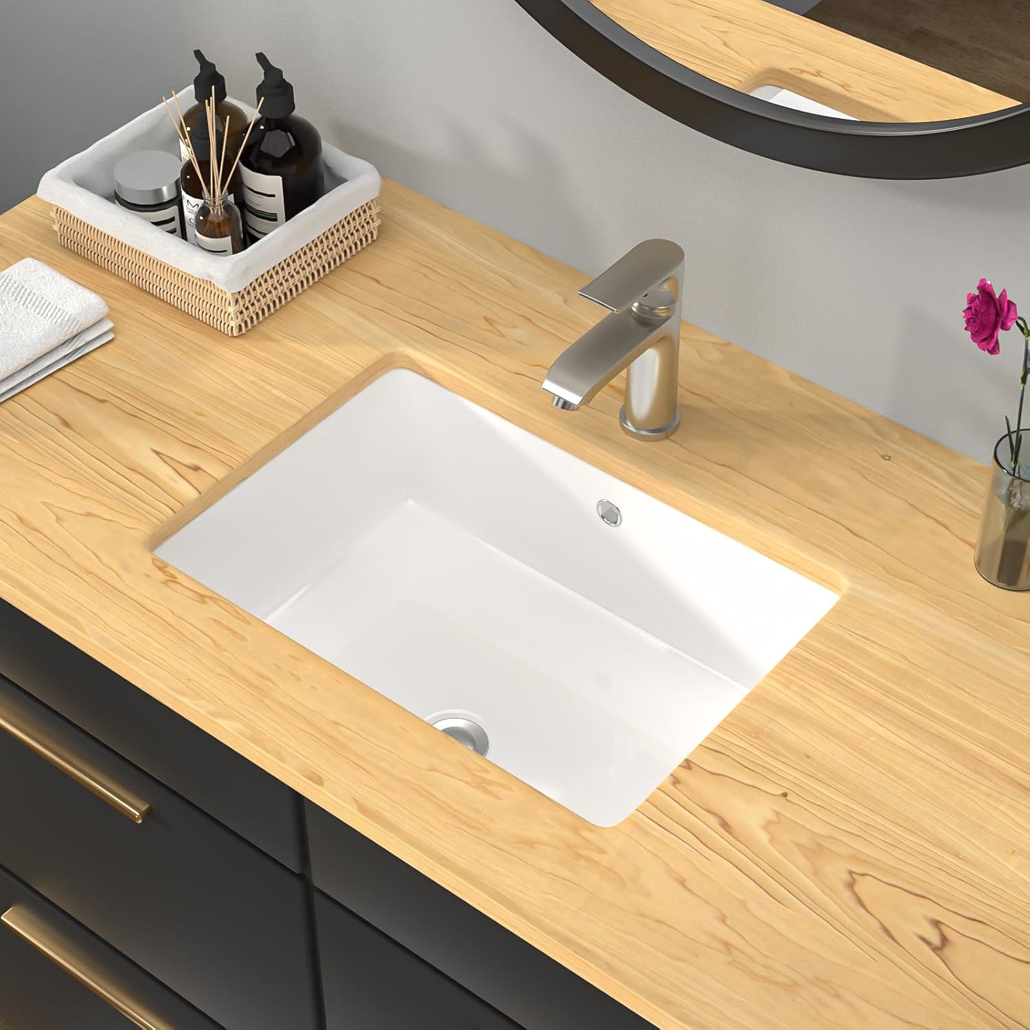 Kichae Undermount Bathroom Sink - 18 x 12 Undermount Bathroom Sink Rectangle White Rectangular Porcelain Ceramic Lavatory Vanity Sinks with Overflow