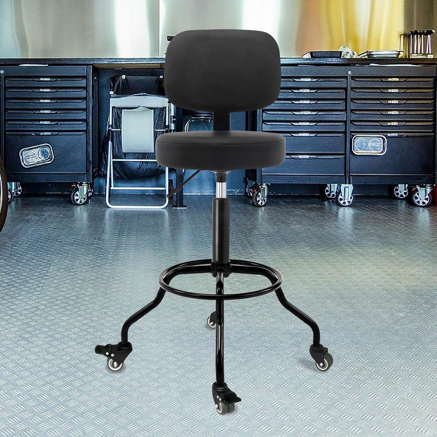 Heavy Duty Shop Stool with Ergonomic Backrest - Lockable Rubber Wheels & Adjustable Height, 360° Swivel, High Footrest for Garage Workshop Workbench, 350lbs Capacity (Black, 26