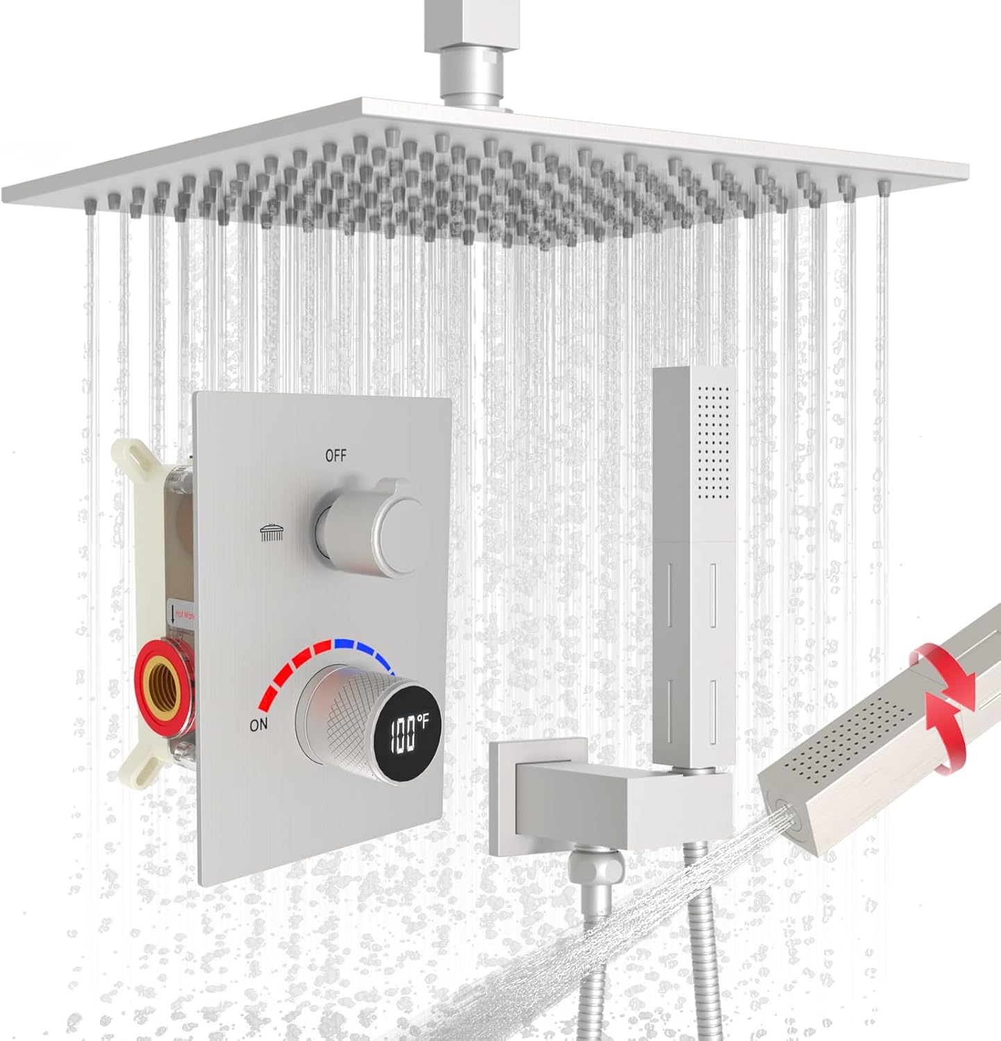 Shower Faucet Set with Hydro Power Temperature Display, Shower System 10 Inches Shower Head with Dual Function Handheld Spray, Ceiling Mounted Shower Fixtures with Digital Shower Valve, Brushed Nickel