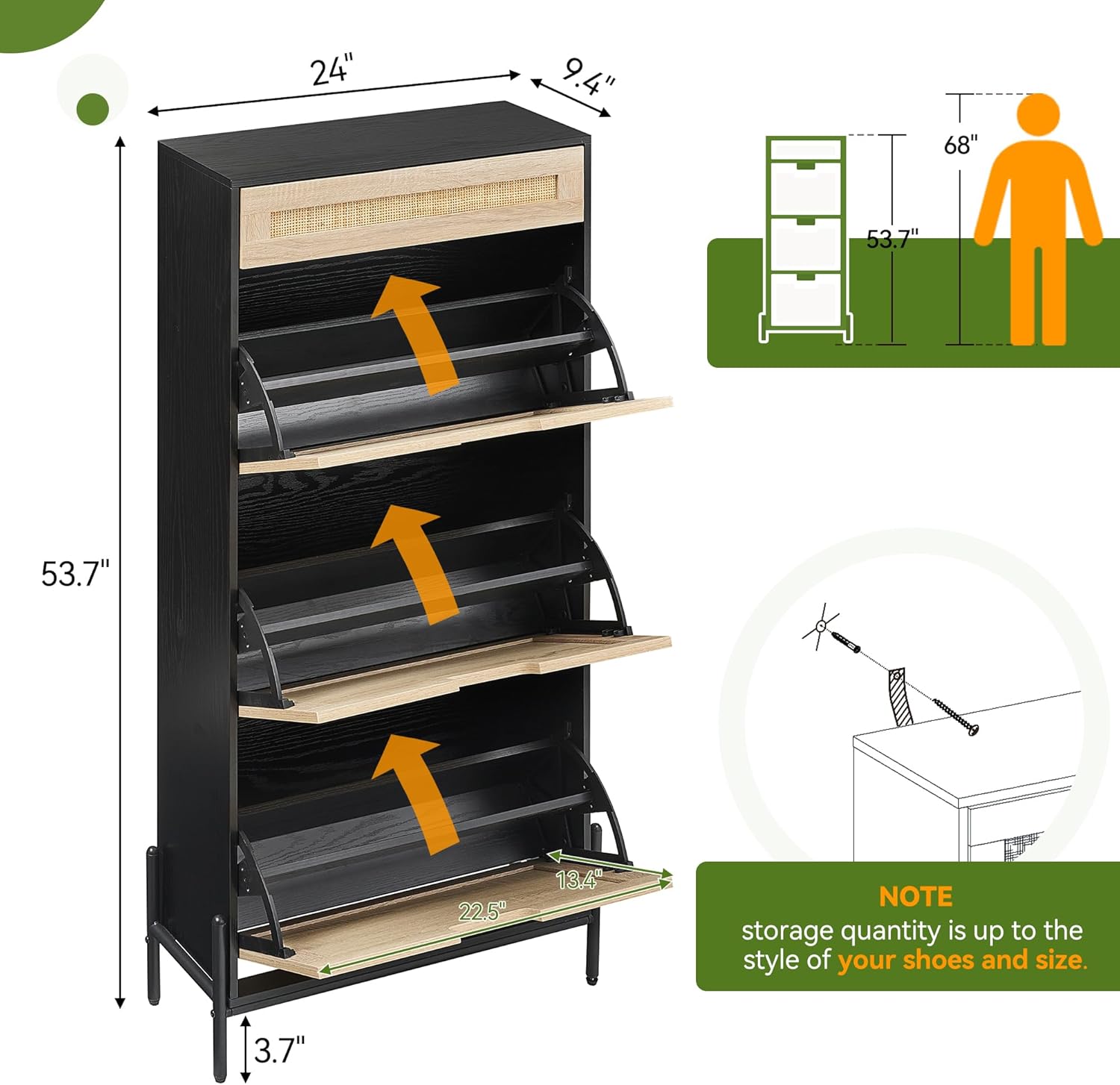 IDEALHOUSE Natural Rattan 3 Flip Door with 1 Drawer Shoe Cabinet Organizer Freestanding, Shoe Rack Storage Cabinet for Entryway with 3-Tier Adjustable Shelves for Slippers, Sneakers, Heels, Boots