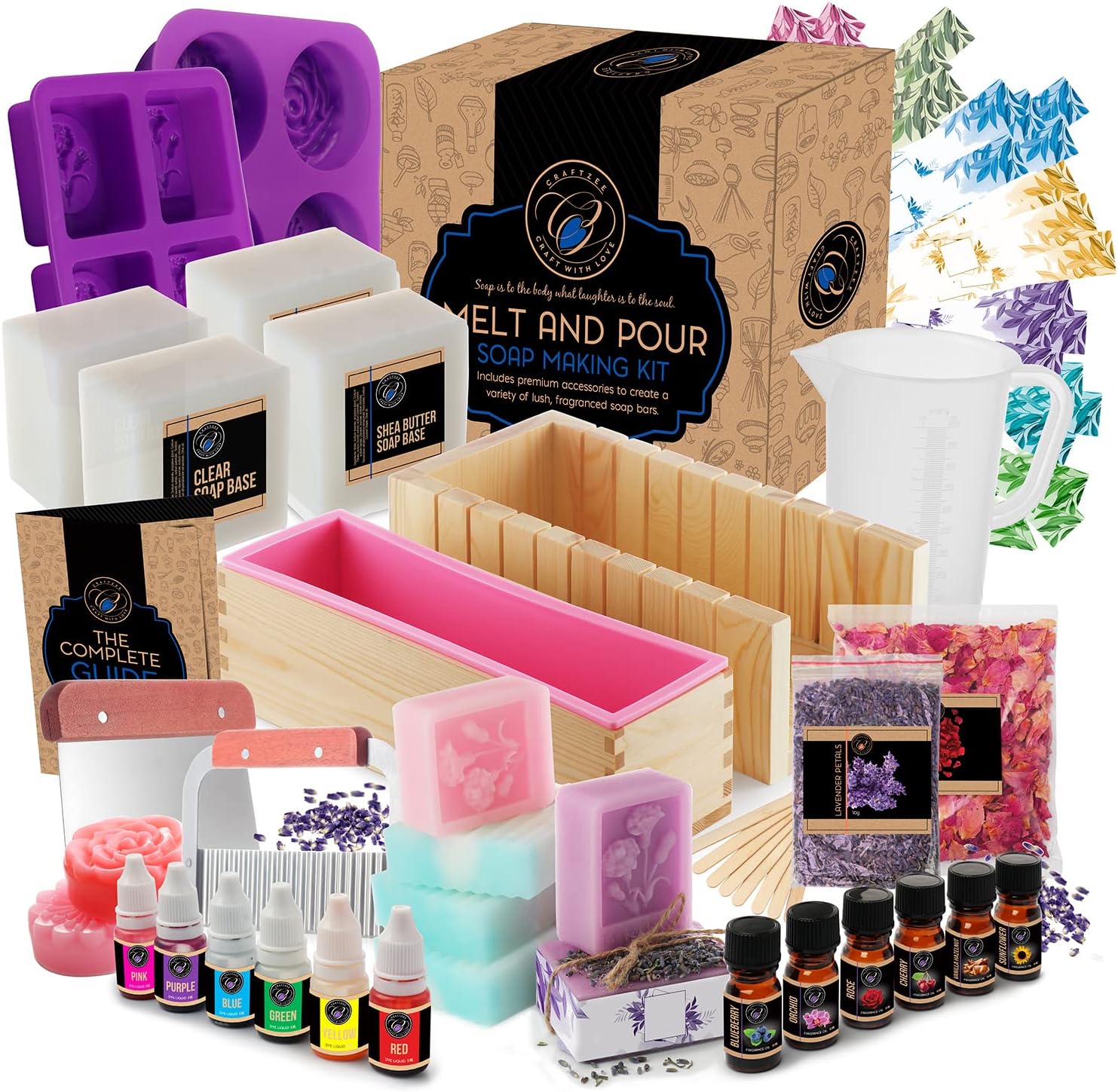 CraftZee Large Deluxe Soap Making Kit - All-in-One Soap Making Supplies with Soap Base, Soap Cutter Box, Silicone Loaf Molds, Fragrances & More - Homemade Melt & Pour DIY Craft Kits