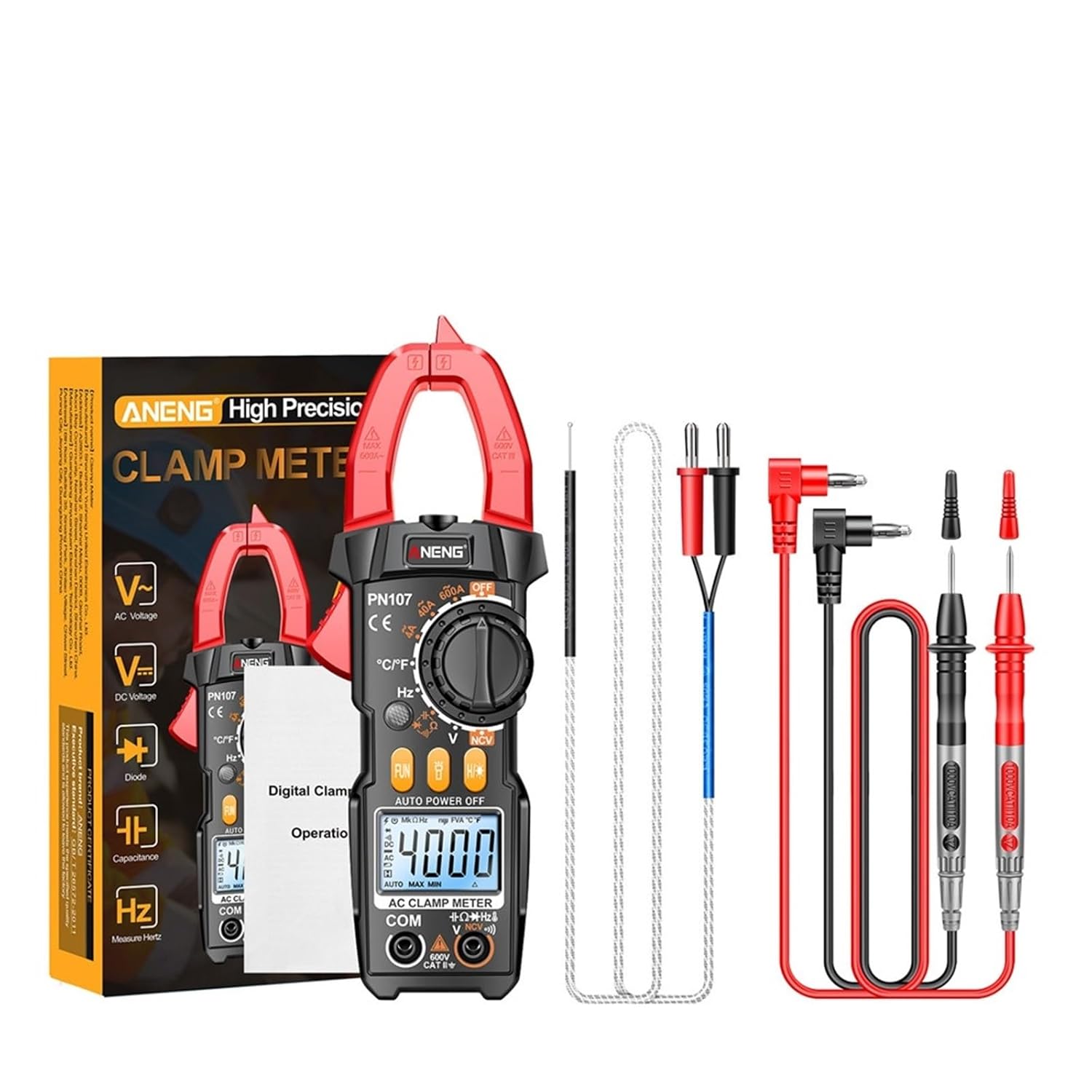 PN107 Digital Clamp Meter AC/DC Voltage Temperature Test Multitester True RMS 4000 Count Electrical Multimeter Tester Tool(Red Pro)