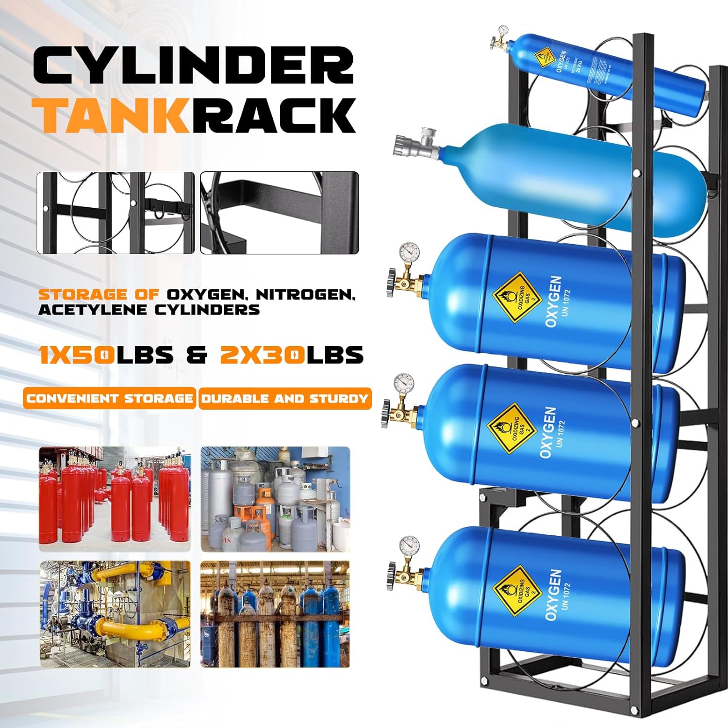 Tank Rack for Refrigerant Cylinders | Holds 1 x 50 lbs and 2 x 30 lbs | Ideal for Freon, Oxygen, and Nitrogen Storage | 15