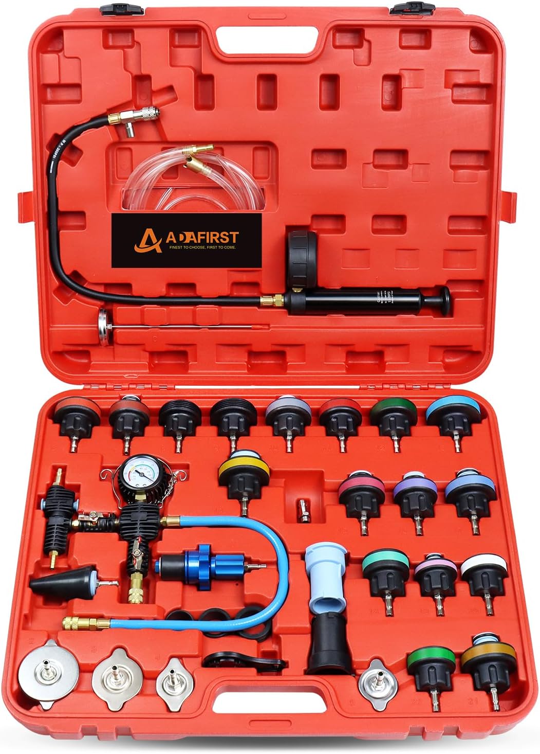 33PCS Radiator Coolant Pressure Tester and Vacuum Refill Tool Kit, Automotive Cooling System Manual Leak Test & Pneumatic Fill Filling Filler Set Universal for Car Truck Airlift, Red