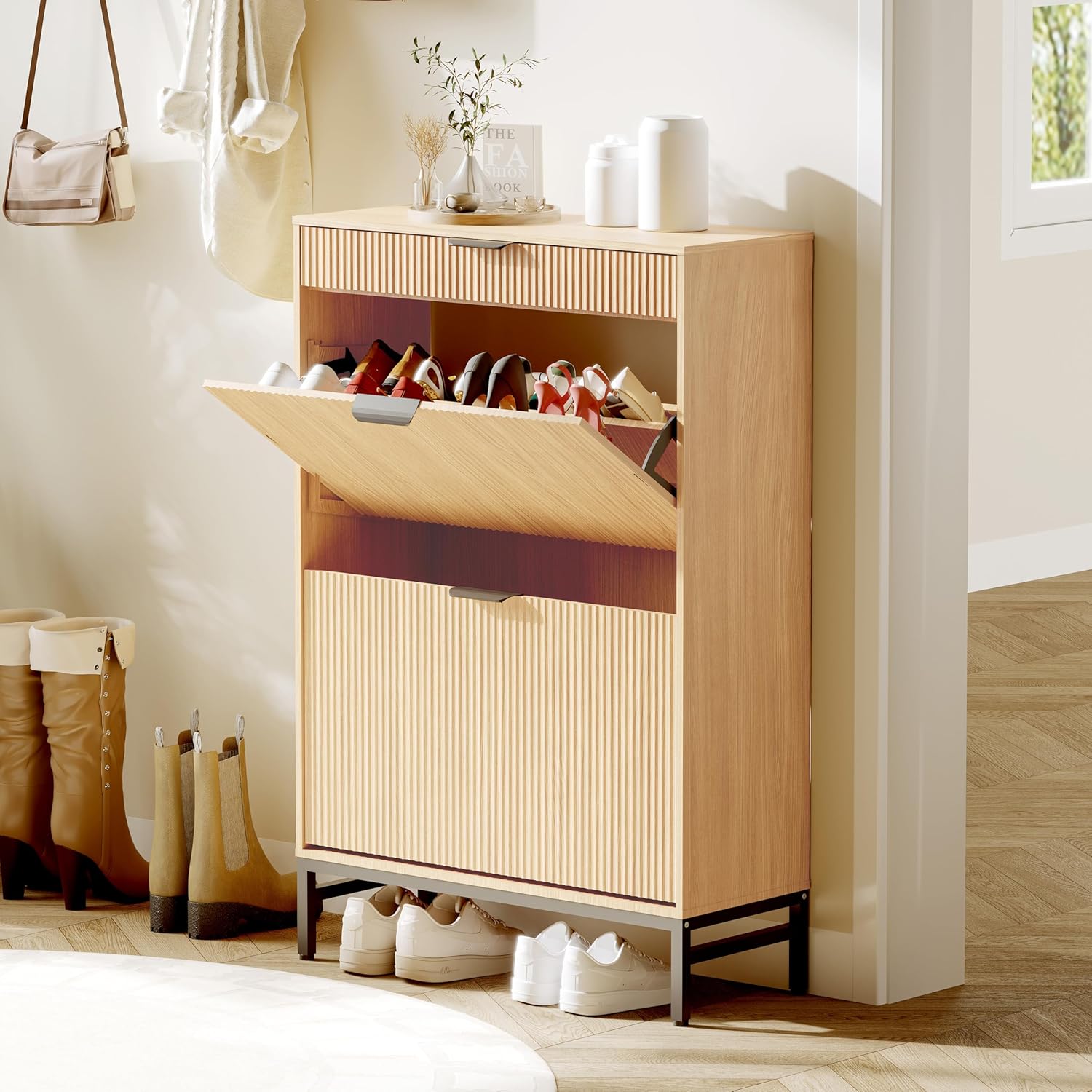 GarveeHome Wave Design Shoe Cabinet with 2 Flip Drawers, a Drawer, Fluted Shoe Cabinet Modern Narrow Shoe Storage, Wooden Shoe Organizer with Large Capacity, Hidden Shoe Racks for Entryway, Wood