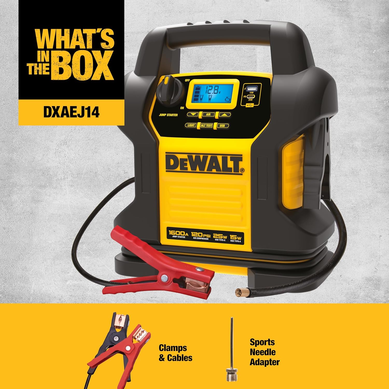 DEWALT DXAEJ14 Digital Portable Power Station Jump Starter - 1600 Peak Amps with 120 PSI Compressor, AC Charging Cube, 15W USB-A and 25W USB-C Power for Electronic Devices