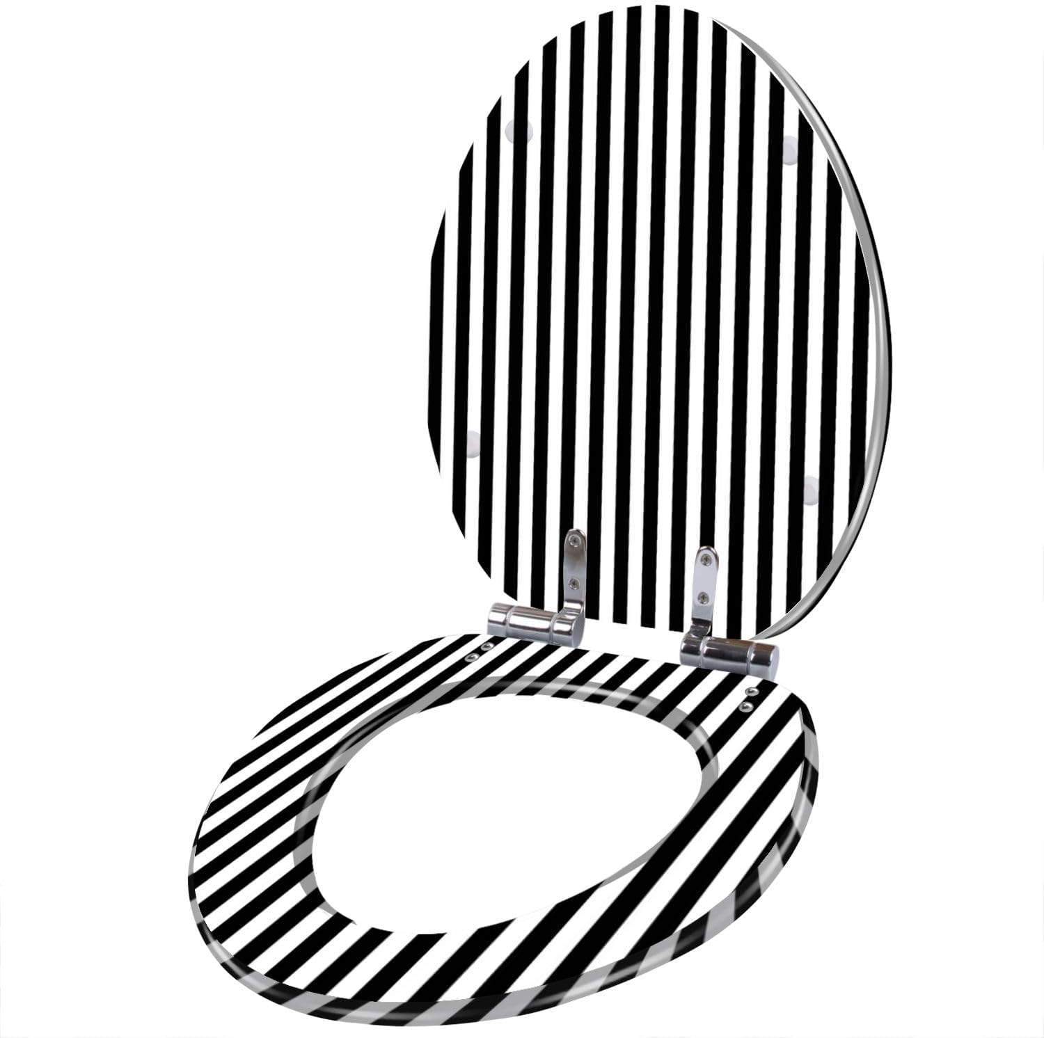 3D Black White striped vertical Resin Elongated Toilet Seat with Cover Quiet Close Quick Release Hinges Decorative Toilet Seat Easy to Clean Install Home Decor