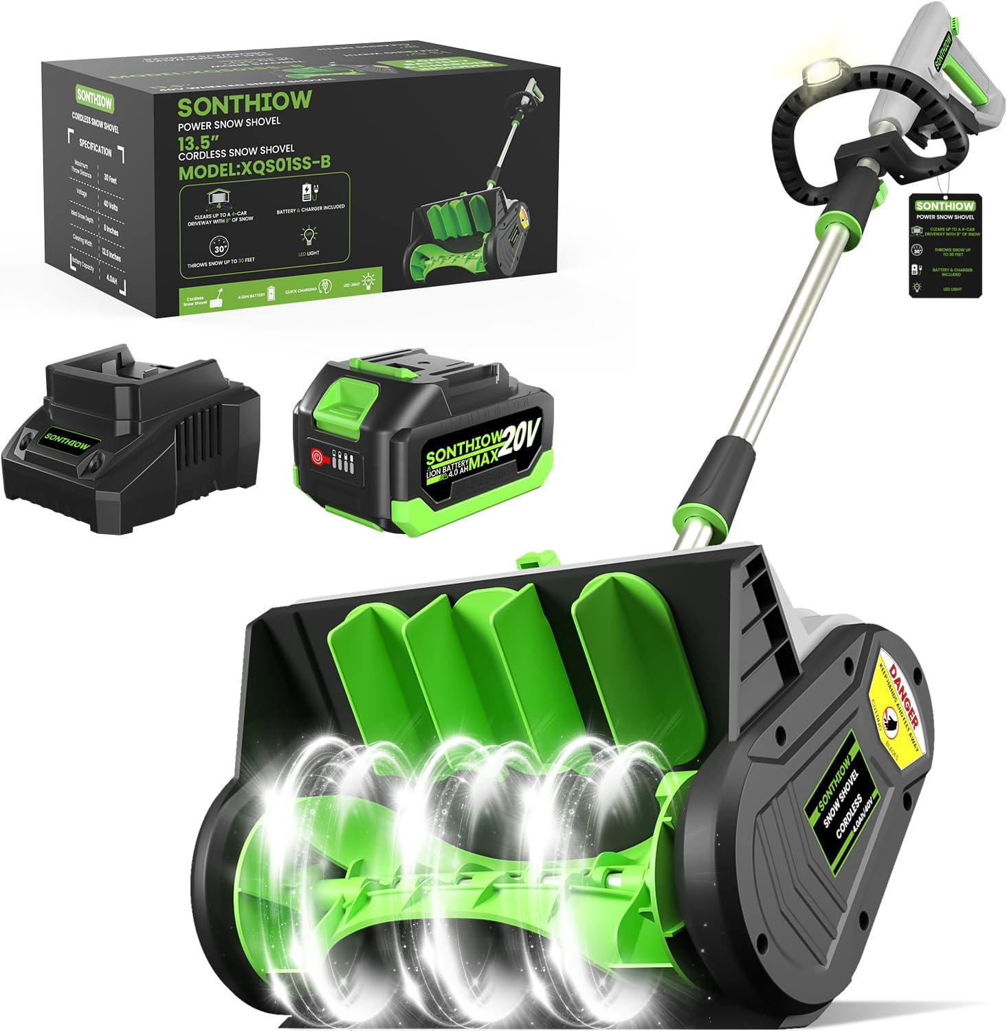 13-Inch Brushless Cordless Snow Shovel, 20V Cordless Snow Blower with 4.0 Ah Battery and Charger, Battery Powered Electric Snow Shovel for Driveway,Steps, Patio, Sidewalk Snow Removal