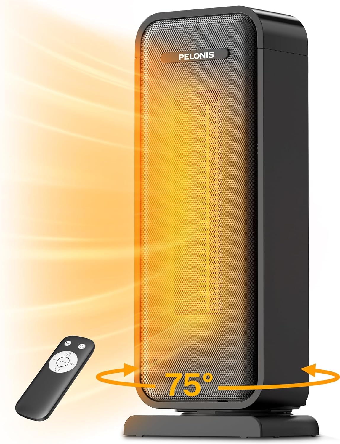 PELONIS 30” Ceramic Tower Space Heater with Adjustable Thermostat for Large Room, 75° Oscillation, Remote Control & 12H Timer, Tip-Over Switch & Overheating Protection, 1500W, PHF15RSAPH30, Black