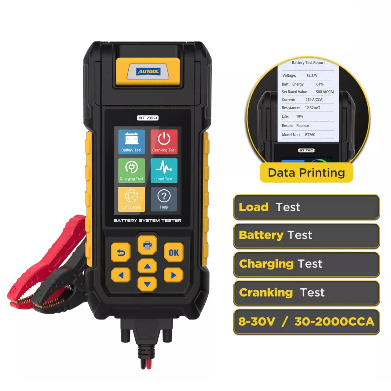 Automotive 12V/24V 30-2000 CCA Battery Load Tester, Cranking and Charging System Battery Analyzer Scan Tool with Printer for Heavy Duty Trucks, Cars, Motorcycles and More
