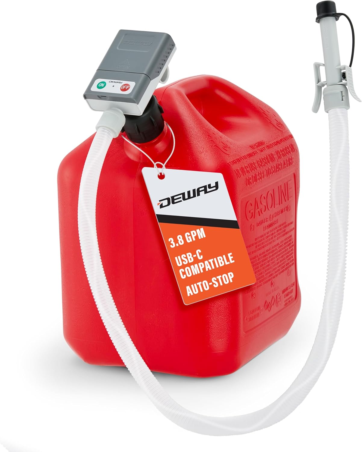 DeWay Gas Can Fuel Transfer Pump with Trigger Nozzle | Fast 3.8 GPM Flow Rate, 51” Rubber Hose & 4 Can Adapters for Gasoline, Kerosene, Diesel & Non-Potables | USB-C Cable & Battery Power