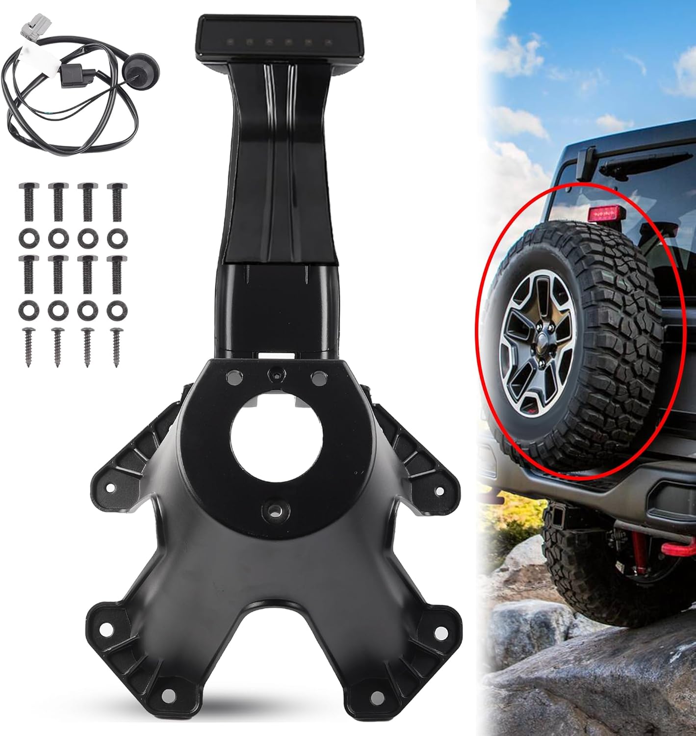 Dasbecan 55397217AJ Spare Tire Holder Bracket Tire Carrier Rack Compatible with Jeep Wrangler JK 2007-2018 68048581AA High Center Mount 3rd Third Brake Light Assembly with Line