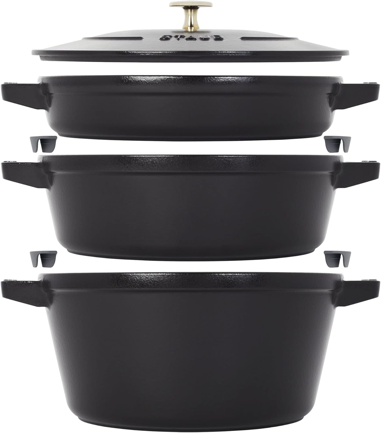 STAUB Cast Iron Set 4-pc, Stackable Space-Saving Cookware Set, Dutch Oven, Skillet, Grill Pan with Universal Lid, Made in France, Cherry