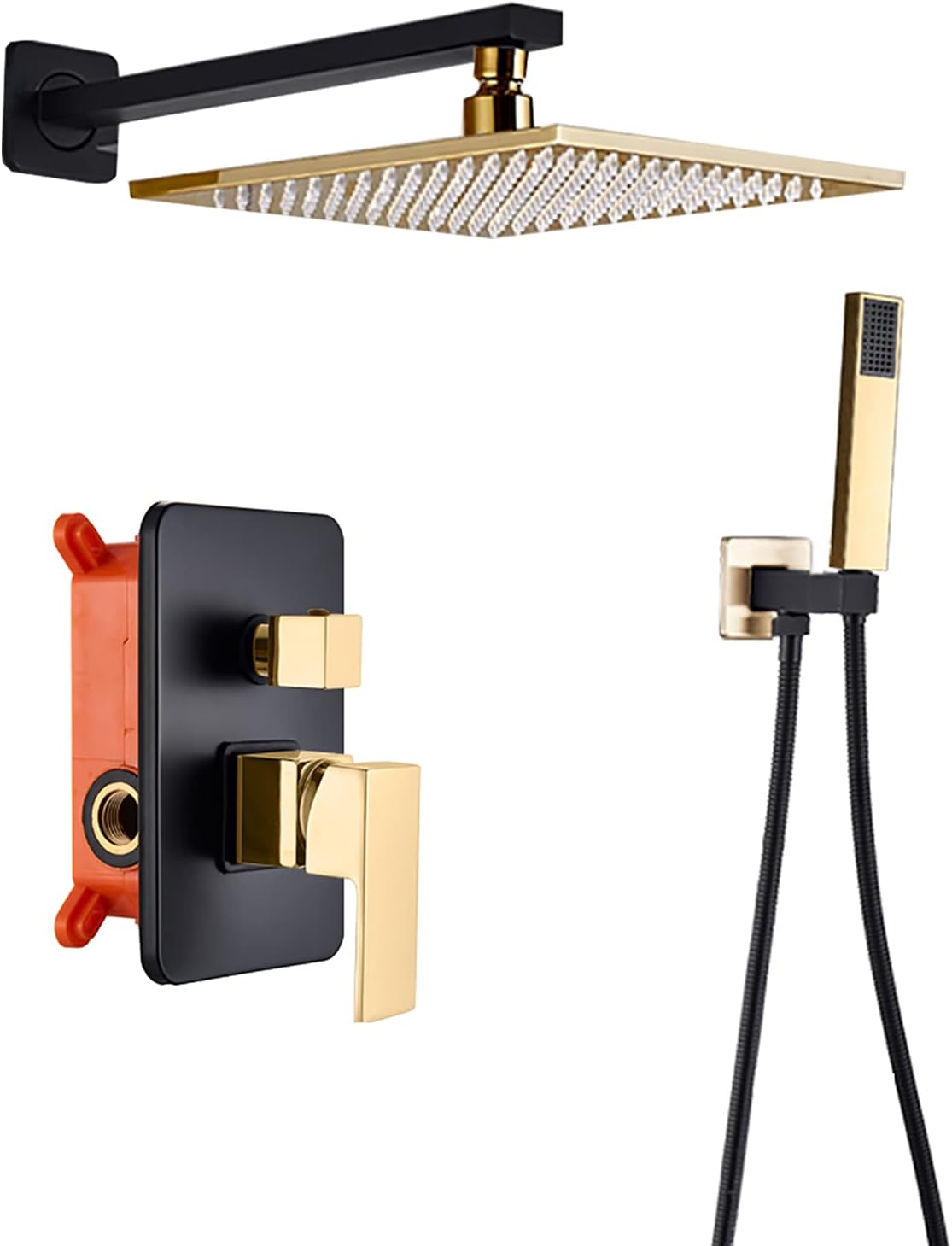 Rain Shower System Black Gold Shower Faucet Set Wall Mounted Shower Combo Set Single Handle Brass Rain Mixer Shower with Handheld Shower, Shower Head,12 Inch