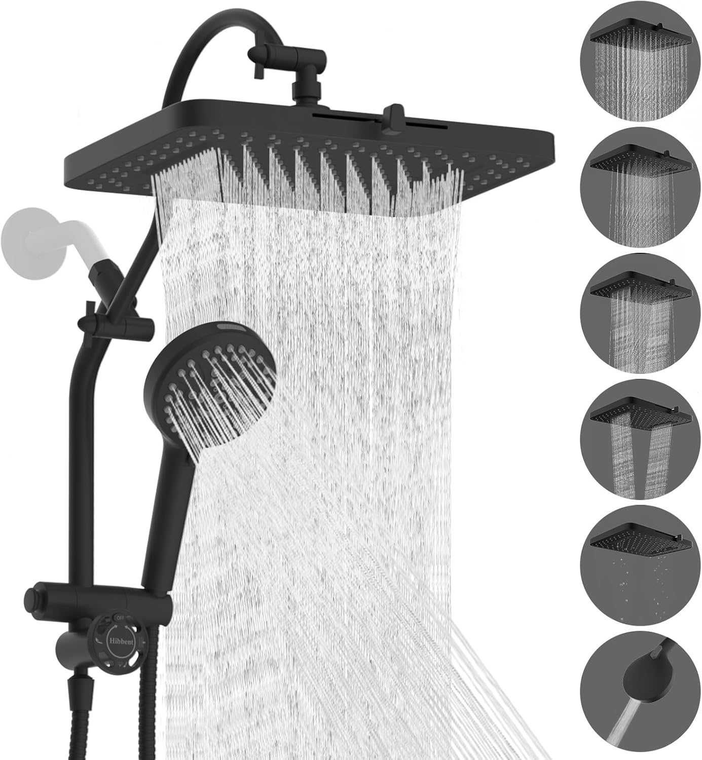 Hibbent Upgraded 13'' Shower Head Combo, High Pressure 5 Spray Rainfall Showerhead, 10 Spray Mode Handheld, All Metal Easy Reach 4-way Diverter Shower Arm with Pause Mode, 71'' Hose and Holder, Black