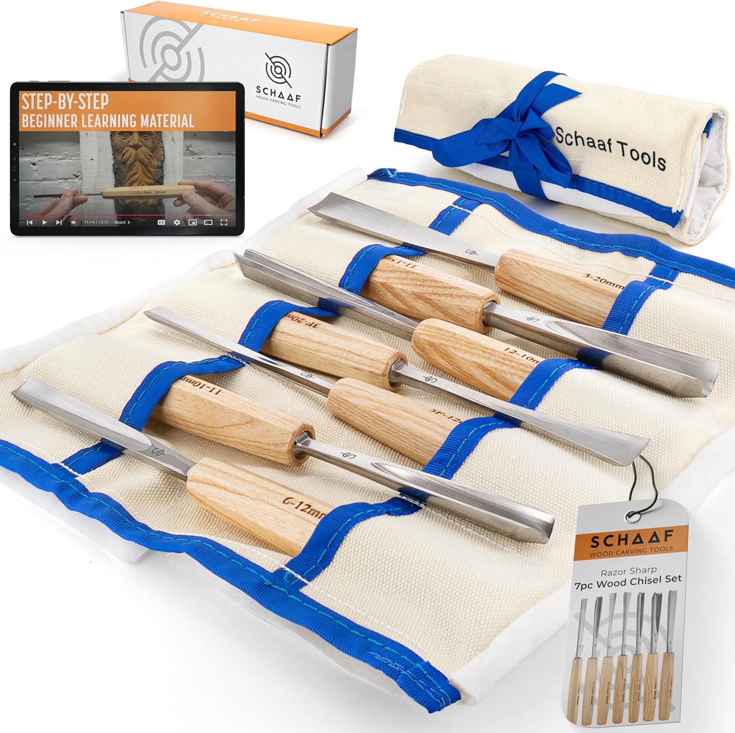 High-Quality Wood Carving Tools Set of 7 Chisels and Gouges with Canvas Case, Razor Sharp CR-V 60 Steel Woodworking Tools, Perfect Wood Carving Chisel Set for Beginners and Professionals from Schaaf