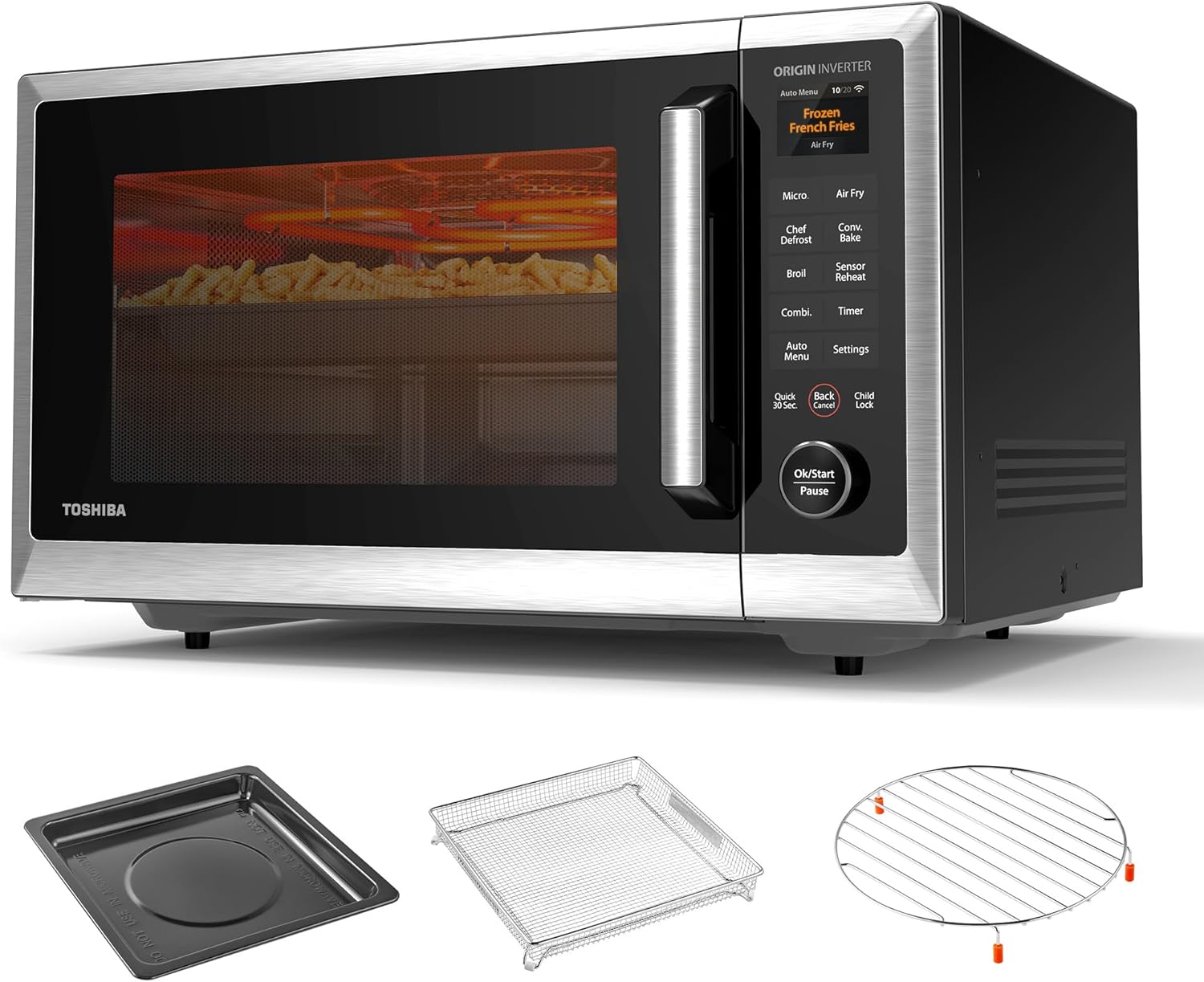 TOSHIBA ML2-STC13SAIT(SS) Air Fryer Combo Countertop Microwave Ovenwith 2.4-Inch Color Screen, Origin Inverter Technology, Smart Sensor, Compatible with Alexa, 1100W, 1.3 Cu.Ft, Silver