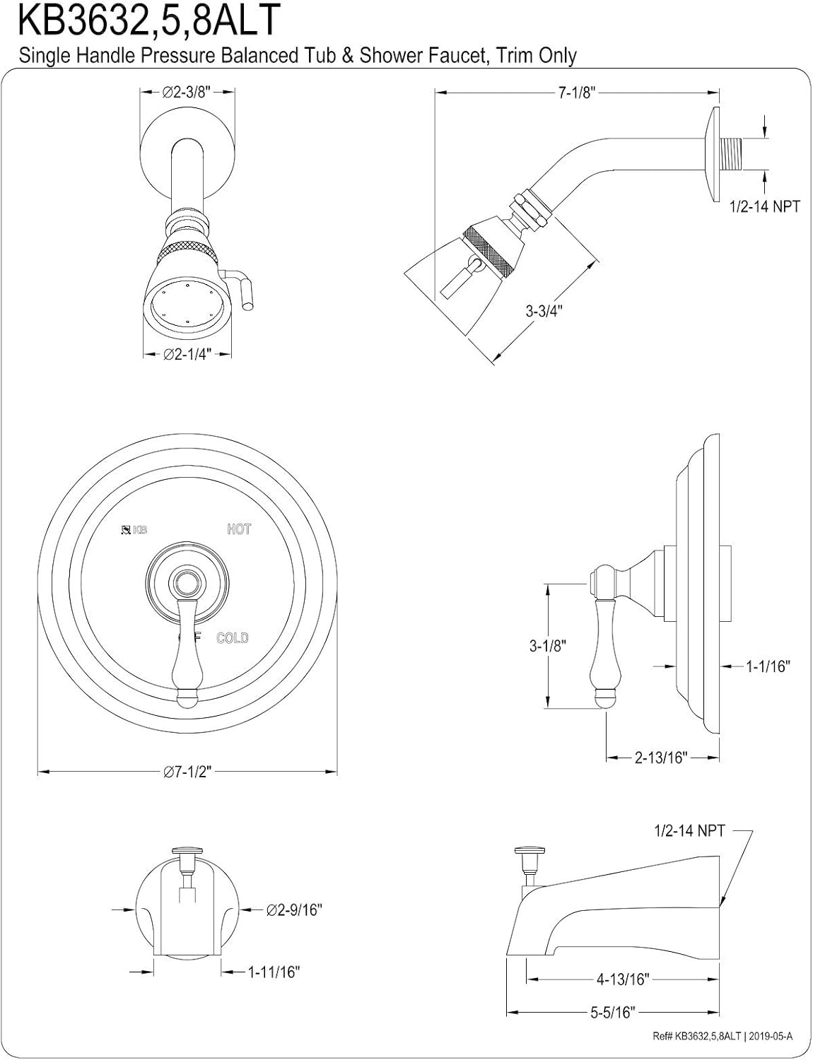 Kingston Brass KB3638ALT Tub and Shower Faucet, Trim Only, Brushed Nickel