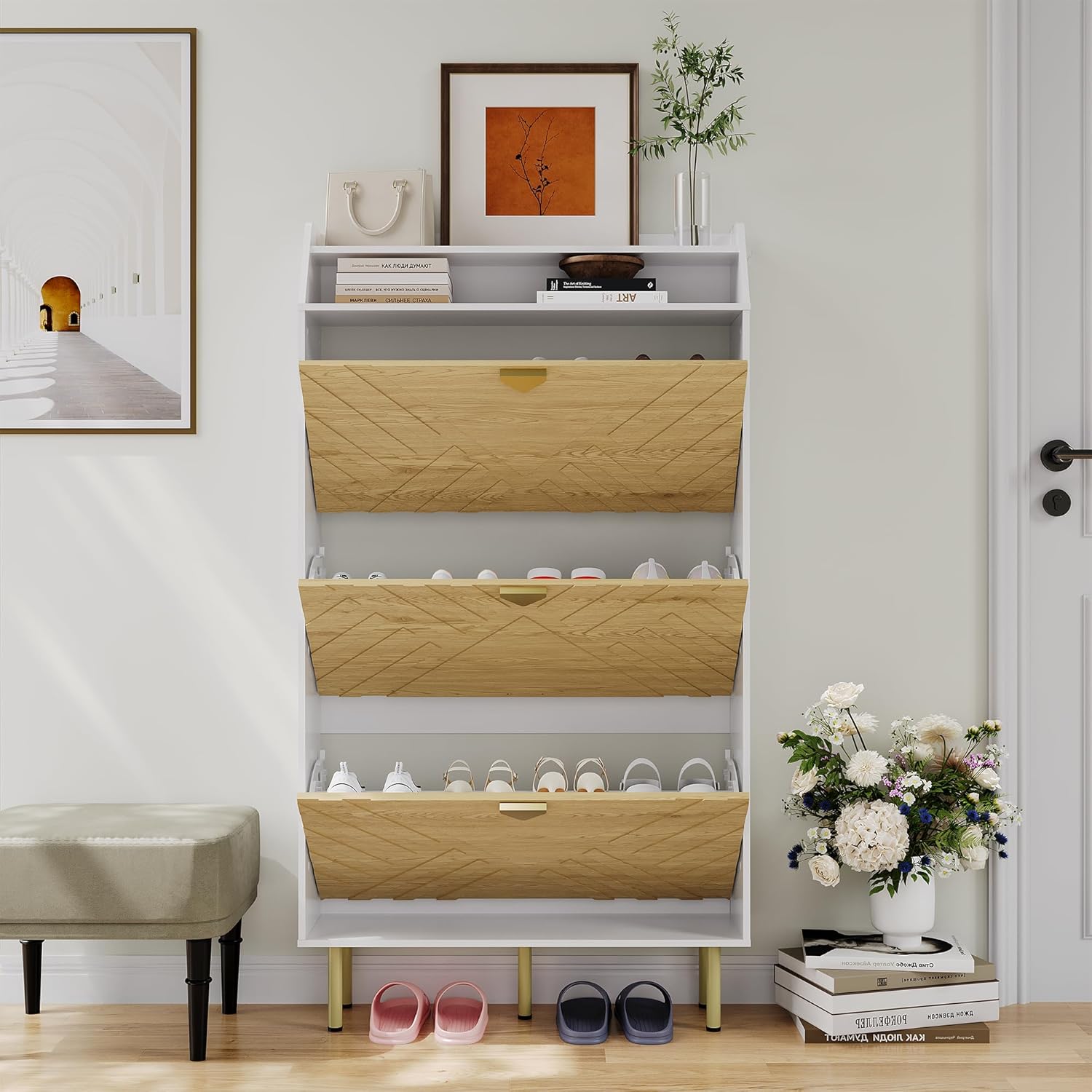 GarveeHome 3-Drawer Shoe Cabinet with Bench - Narrow Freestanding Shoe Storage for Entryway, Hidden Organizer withDrawers & Shelf (White)