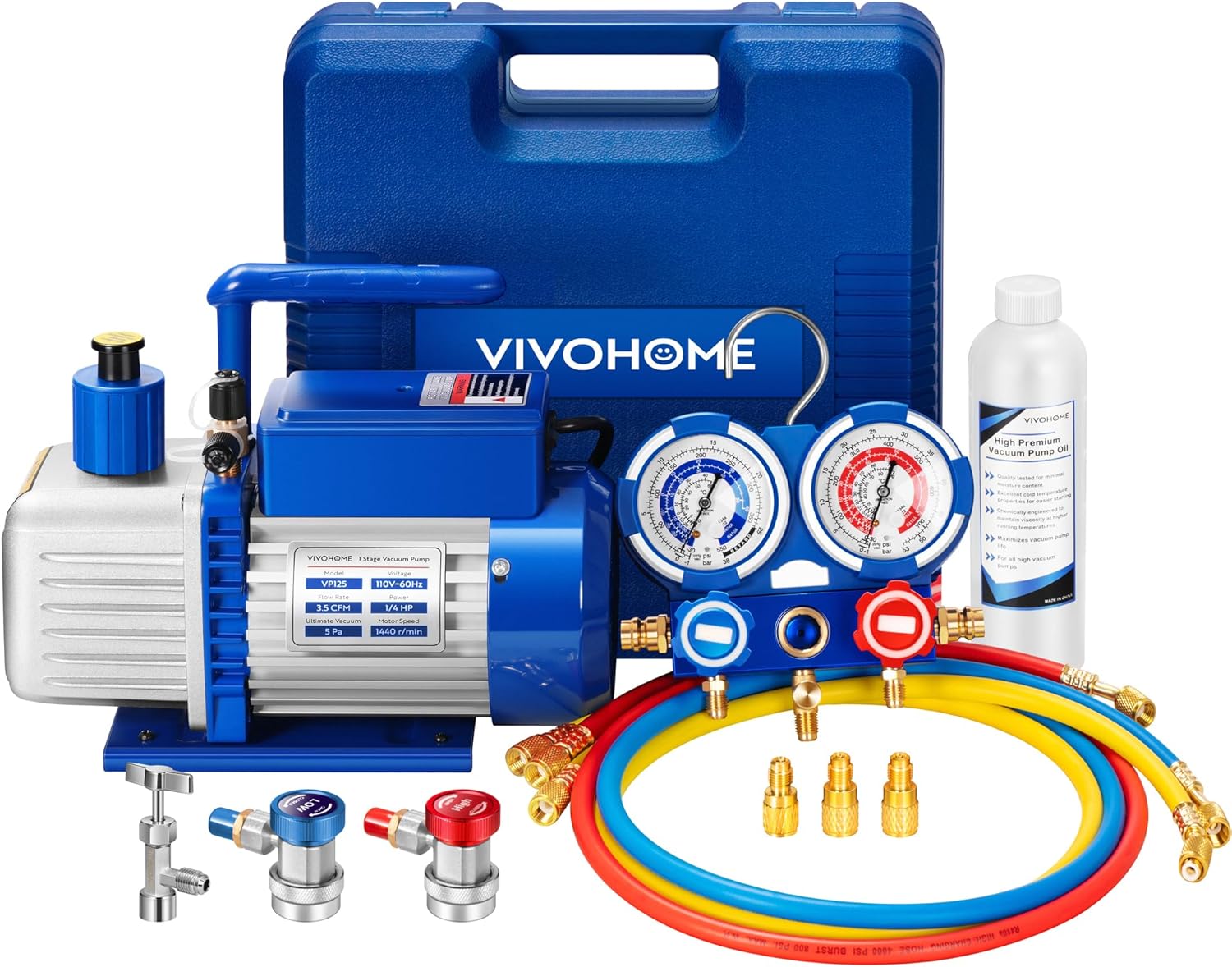 VIVOHOME 110V 1/4 HP 3.5 CFM Single Stage Rotary Vane HVAC Vacuum Pump and 3 Way AC Manifold Gauge Set with 4ft Hoses & Accessories for Auto Air Conditioning Refrigeration Recharging, Red