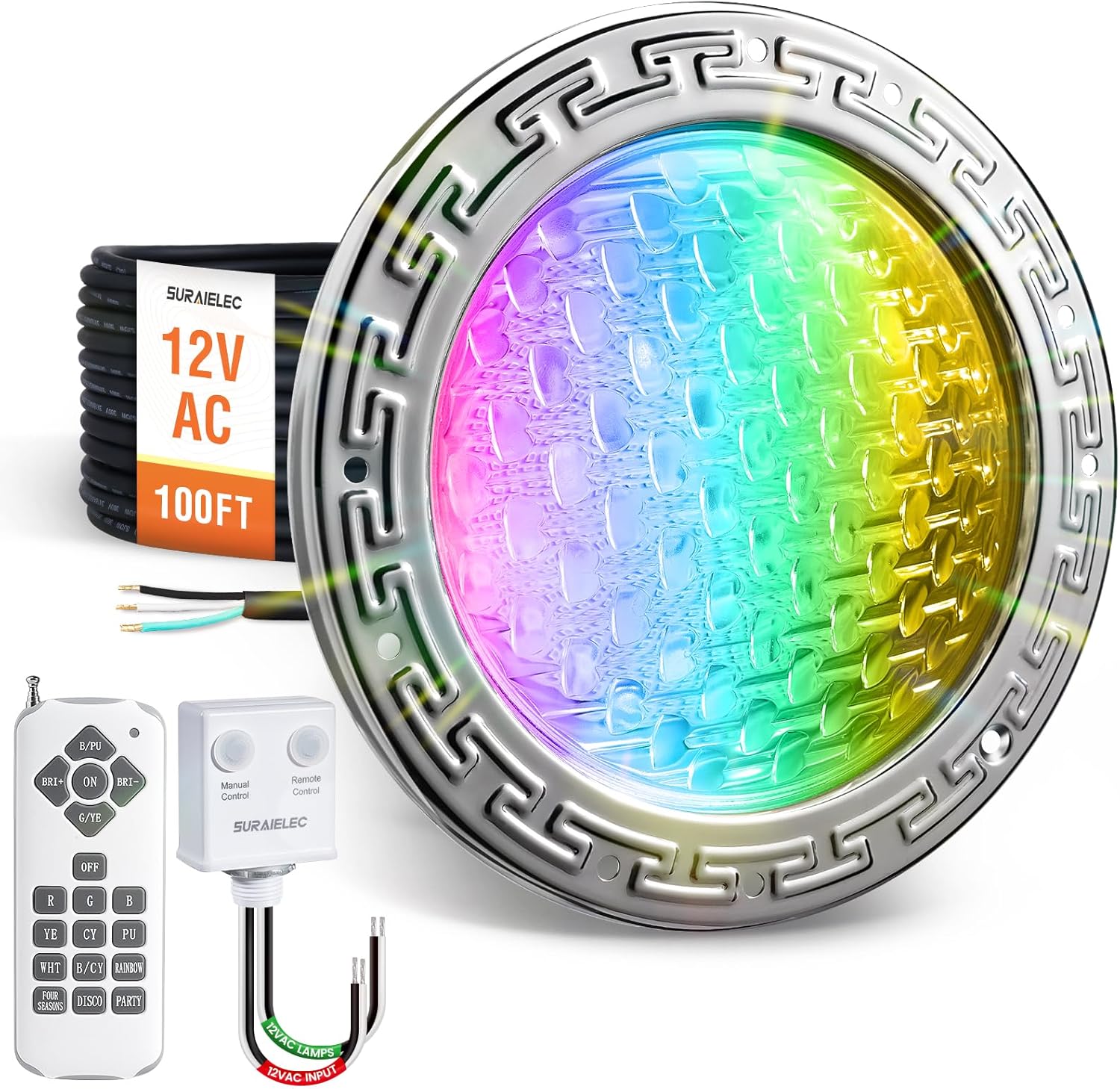 SURAIELEC 12V AC Pool Lights for Inground Pool, 10 inch Color Changing LED Pool Light with Remote Control, 300W Equivalent, Underwater Swimming Pool Light Fixture for Large Wet Niches, 100FT Cord