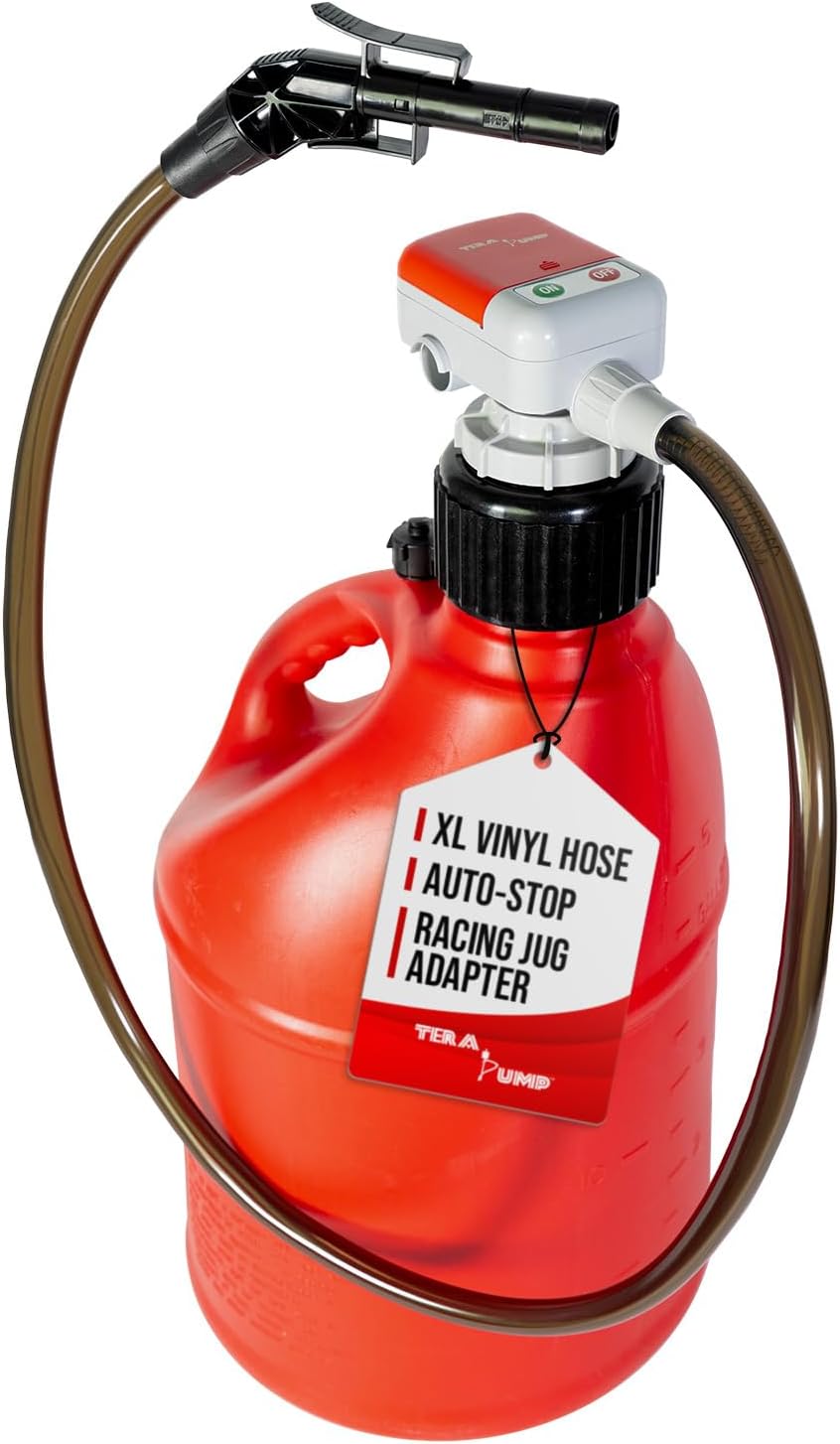 TERA PUMP 2nd Gen. Auto-Stop Gas Cap Fuel Transfer Pump XL Intake Hose (Gasoline, Diesel, Kerosene) Universal Spout Replacement for Gas Cans and Containers