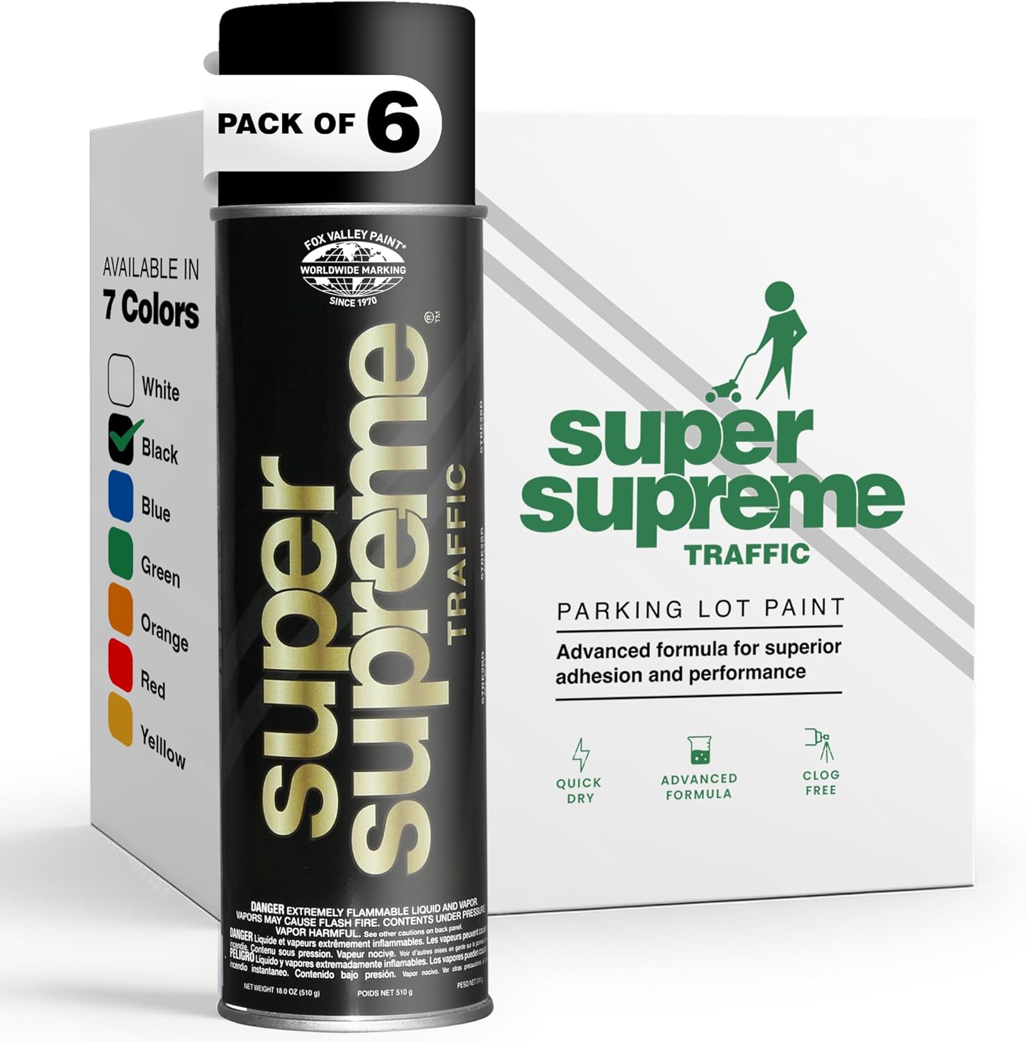 Fox Valley Super Supreme Traffic Marking Spray Paint – Fast-Drying, Long Lasting, Durable & Weather-Resistant - Marking Paint for Roads, Parking Lots, Sidewalks & Factory Floors, 18oz (6-Pack, White)