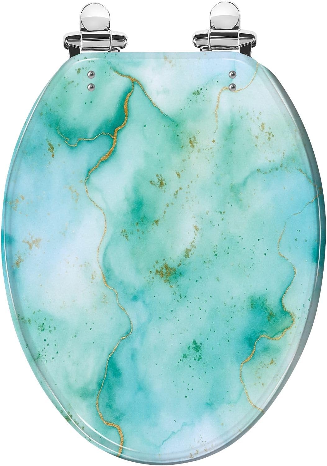 Elongated Toilet Seat Marble Blue Water Color Gold Marble Luxury Ink Marble Green Ink Paint Resin Toilet Seat Slow Quiet Close Lid with Quick-Release Hinges Cover Bumpers Easy to Clean Install